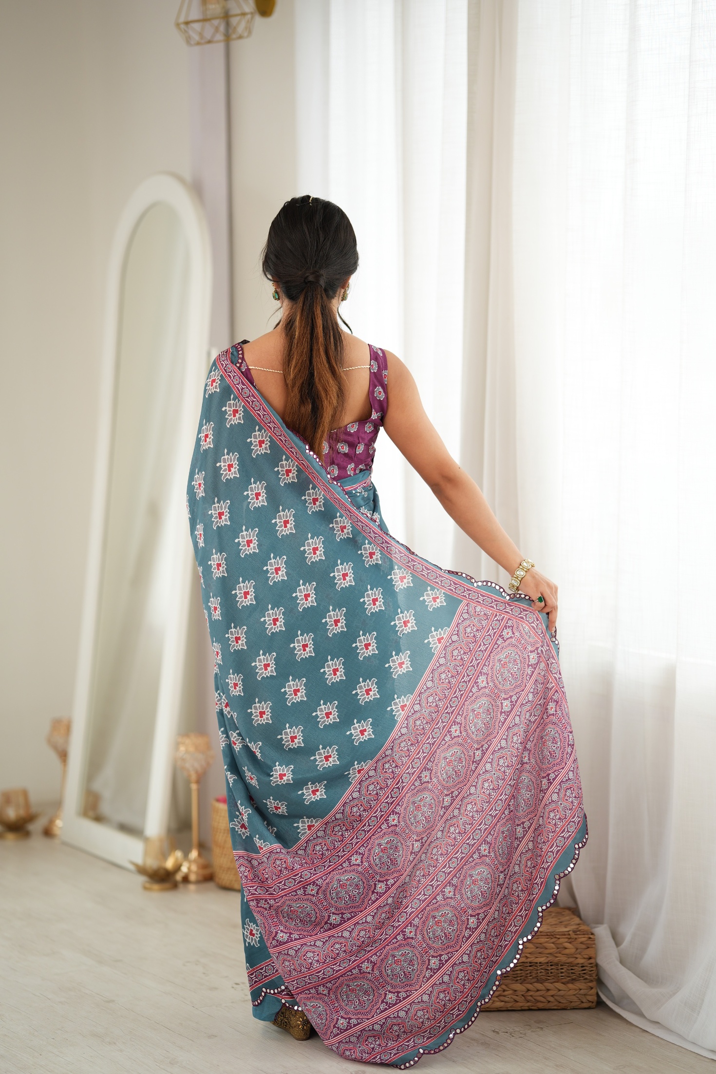 Green Digital Printed Chinon Saree — alternate view