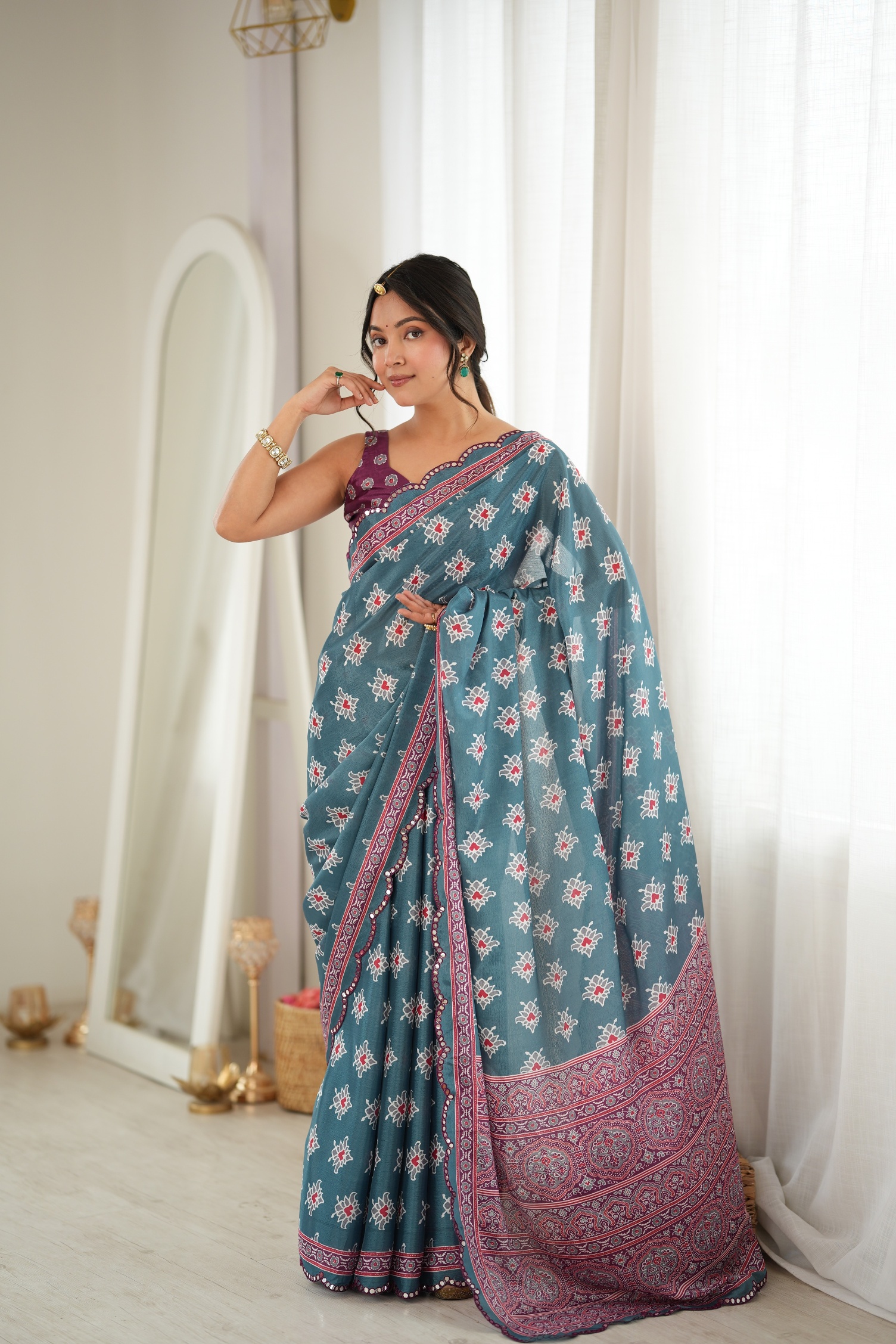 Green Digital Printed Chinon Saree