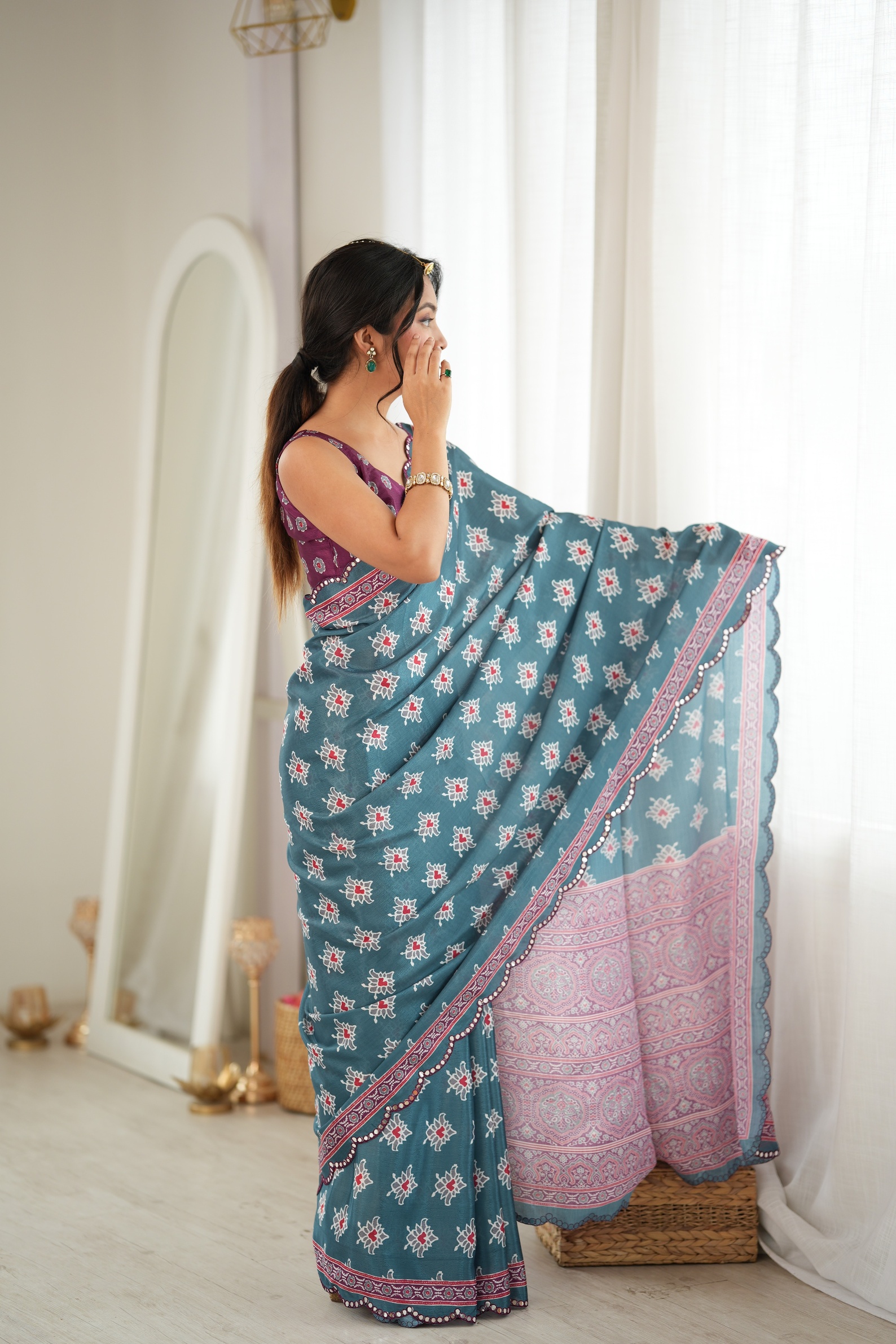 Green Digital Printed Chinon Saree
