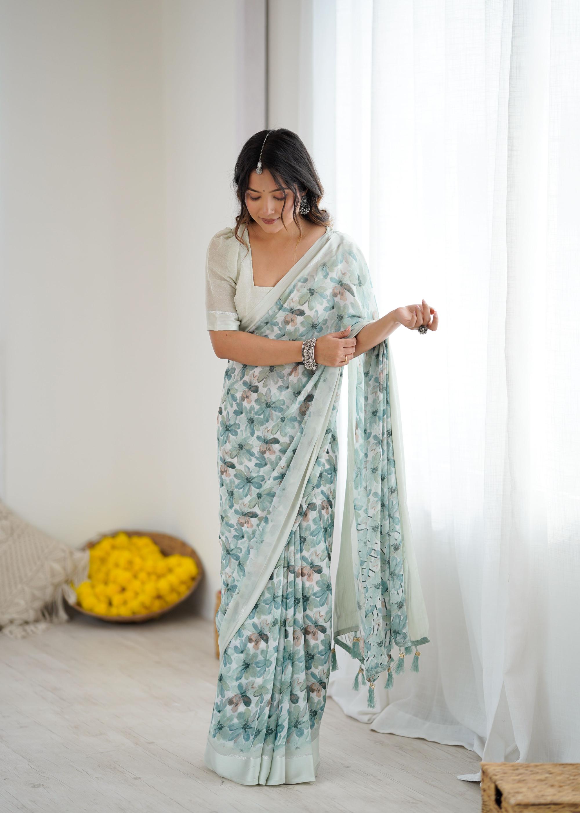 Green Digital Printed Moss Satin Patta Saree
