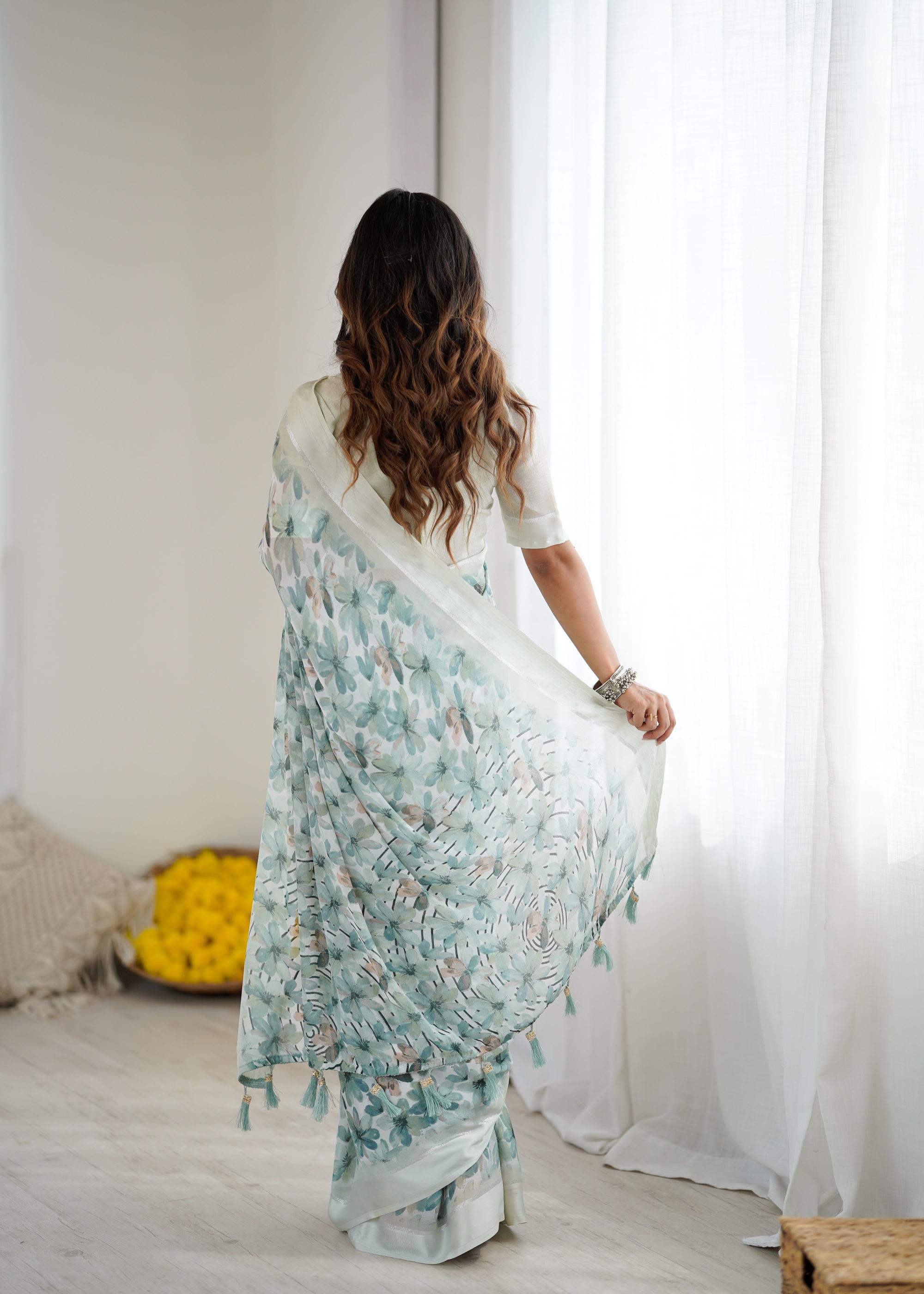 Green Digital Printed Moss Satin Patta Saree — alternate view
