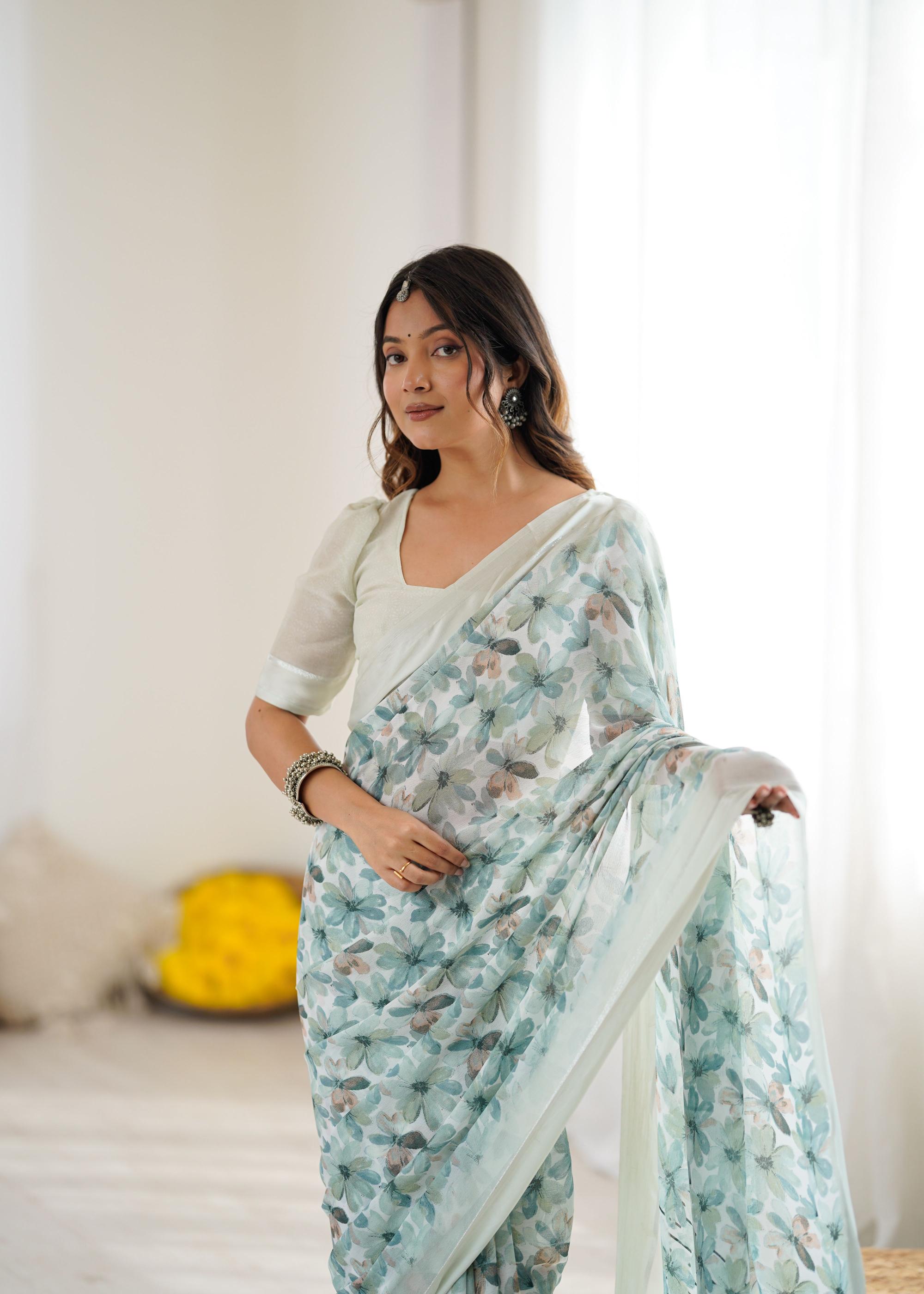 Green Digital Printed Moss Satin Patta Saree