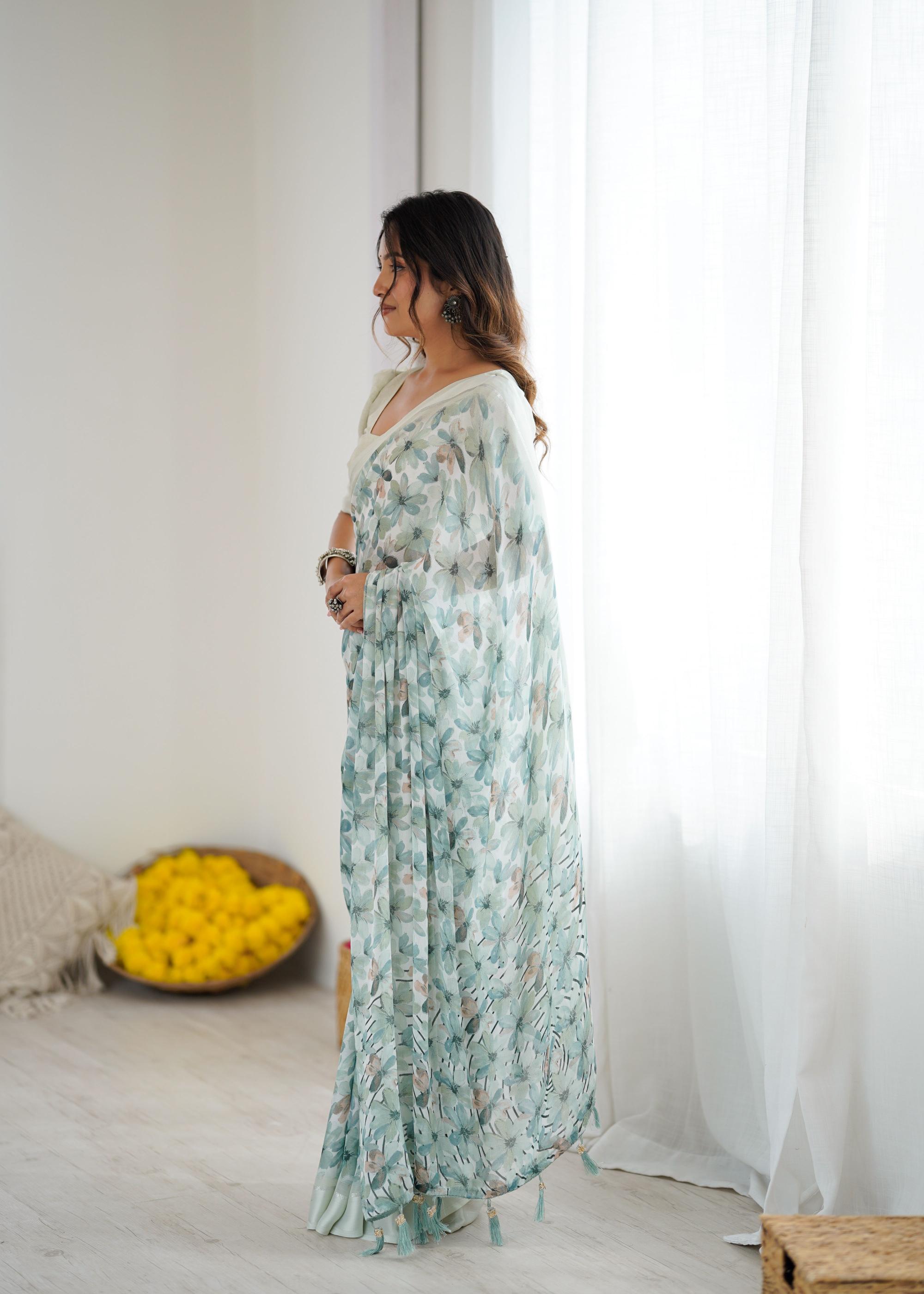 Green Digital Printed Moss Satin Patta Saree
