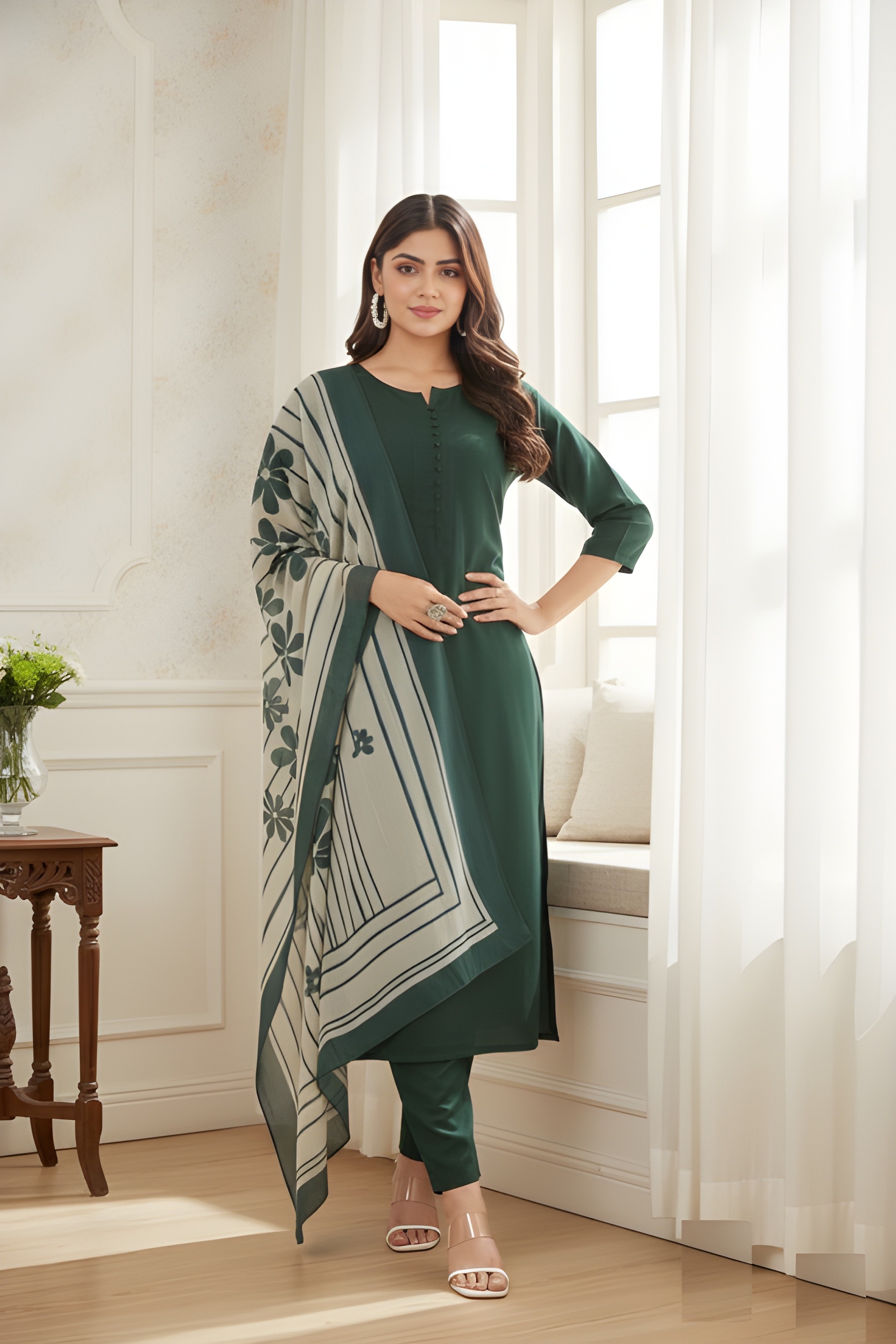 Green Digital Printed Roman Silk Salwar Suit