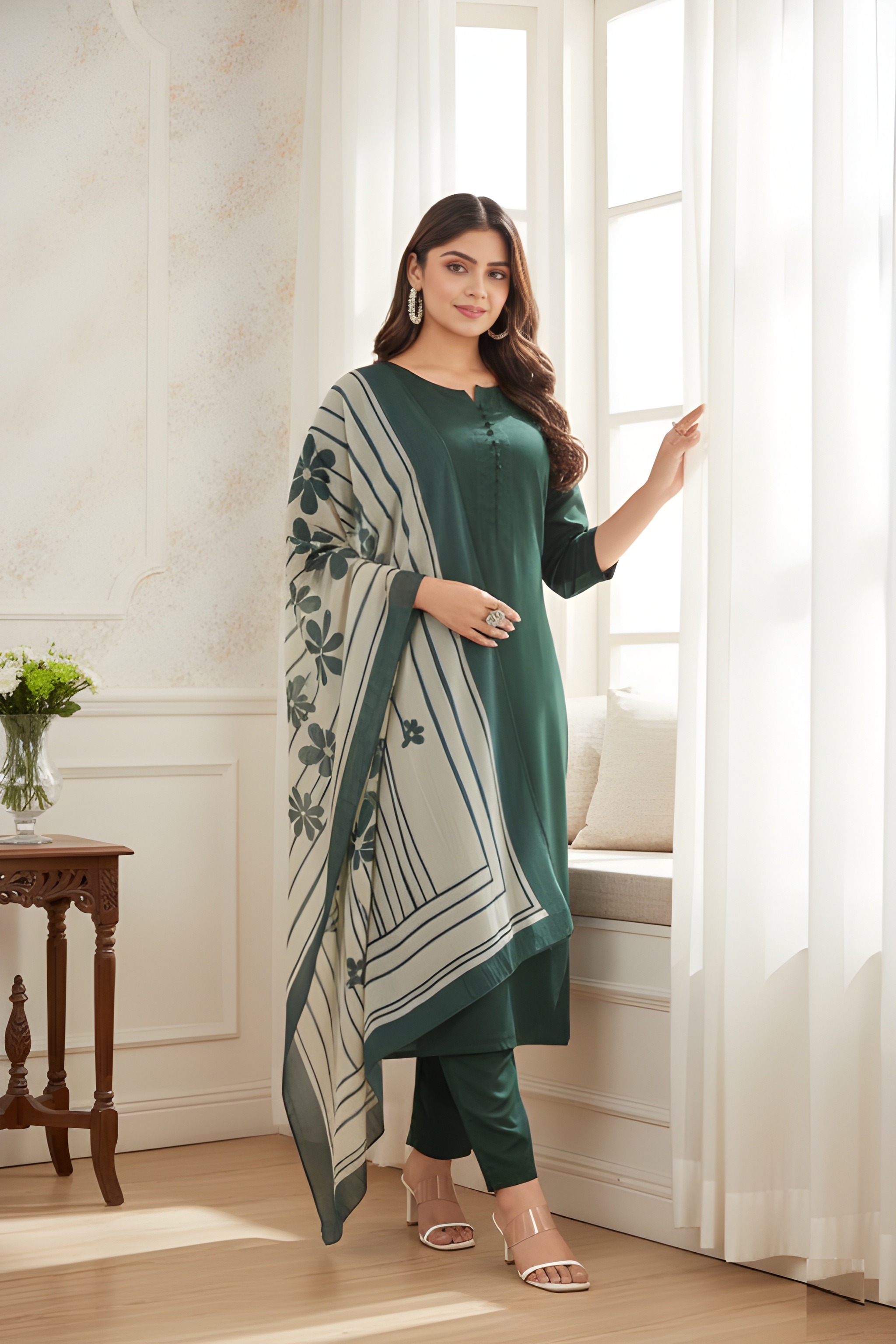 Green Digital Printed Roman Silk Salwar Suit