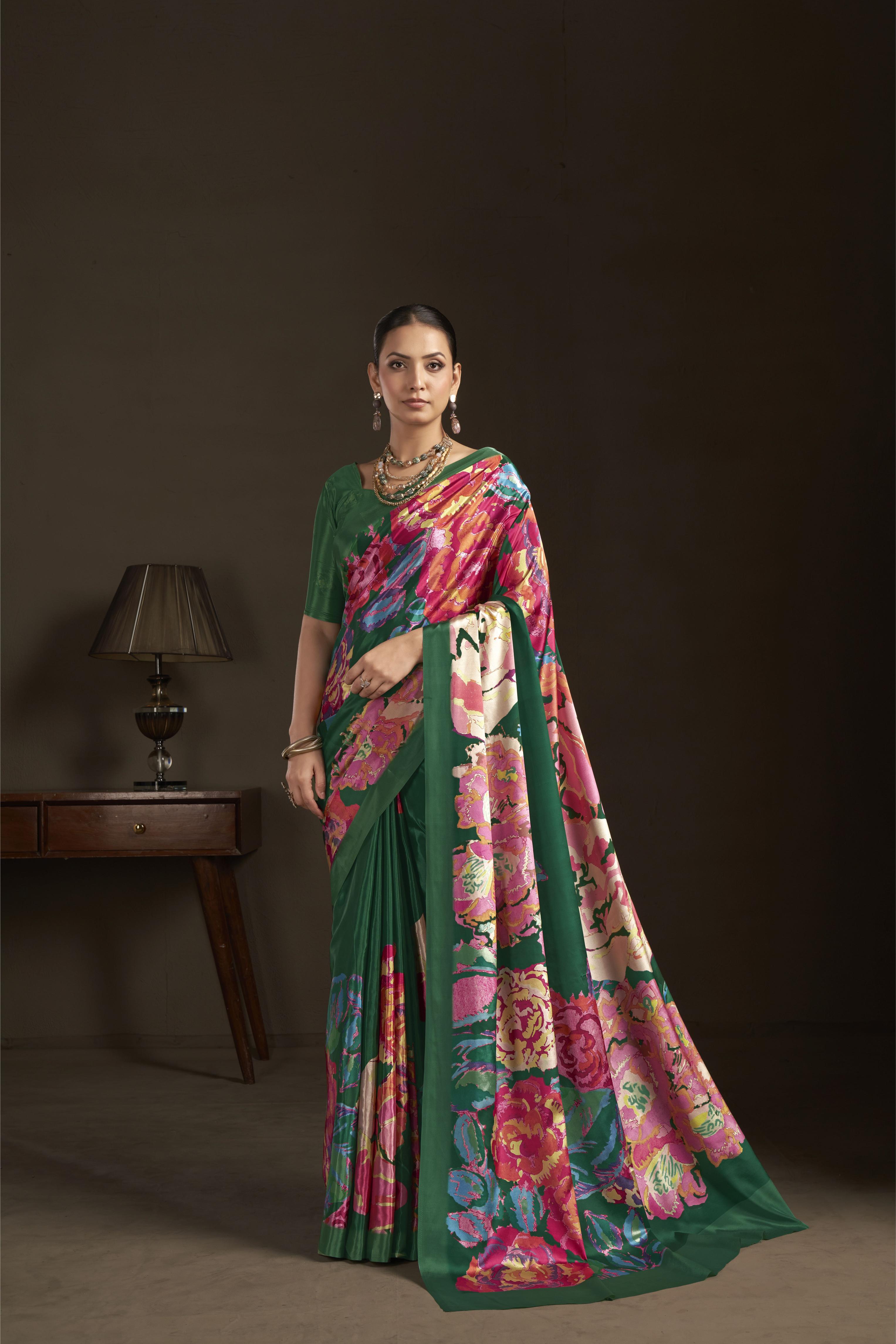 Green Digital Printed Silk Crepe Ready-to-Wear Saree