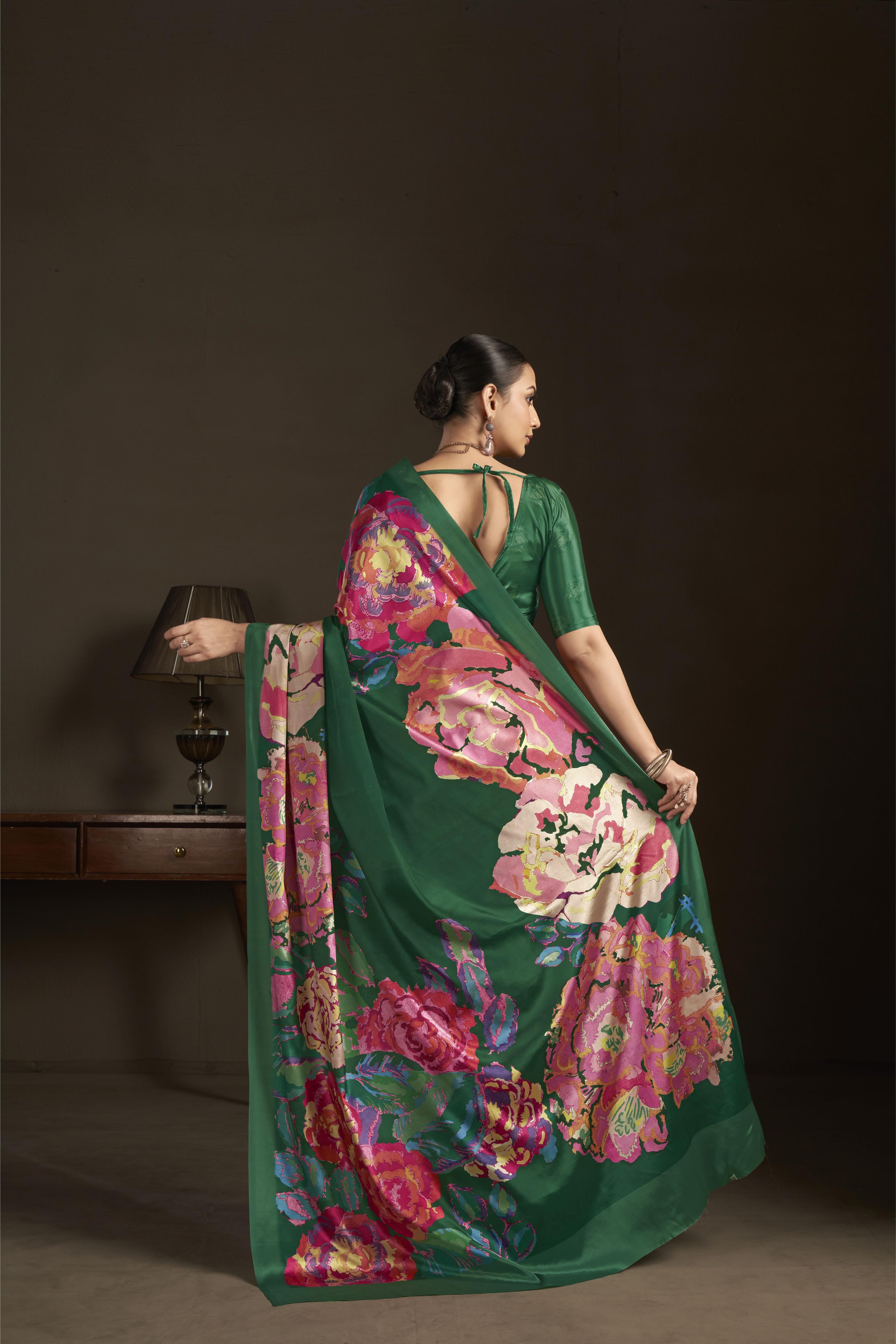 Green Digital Printed Silk Crepe Ready-to-Wear Saree — alternate view