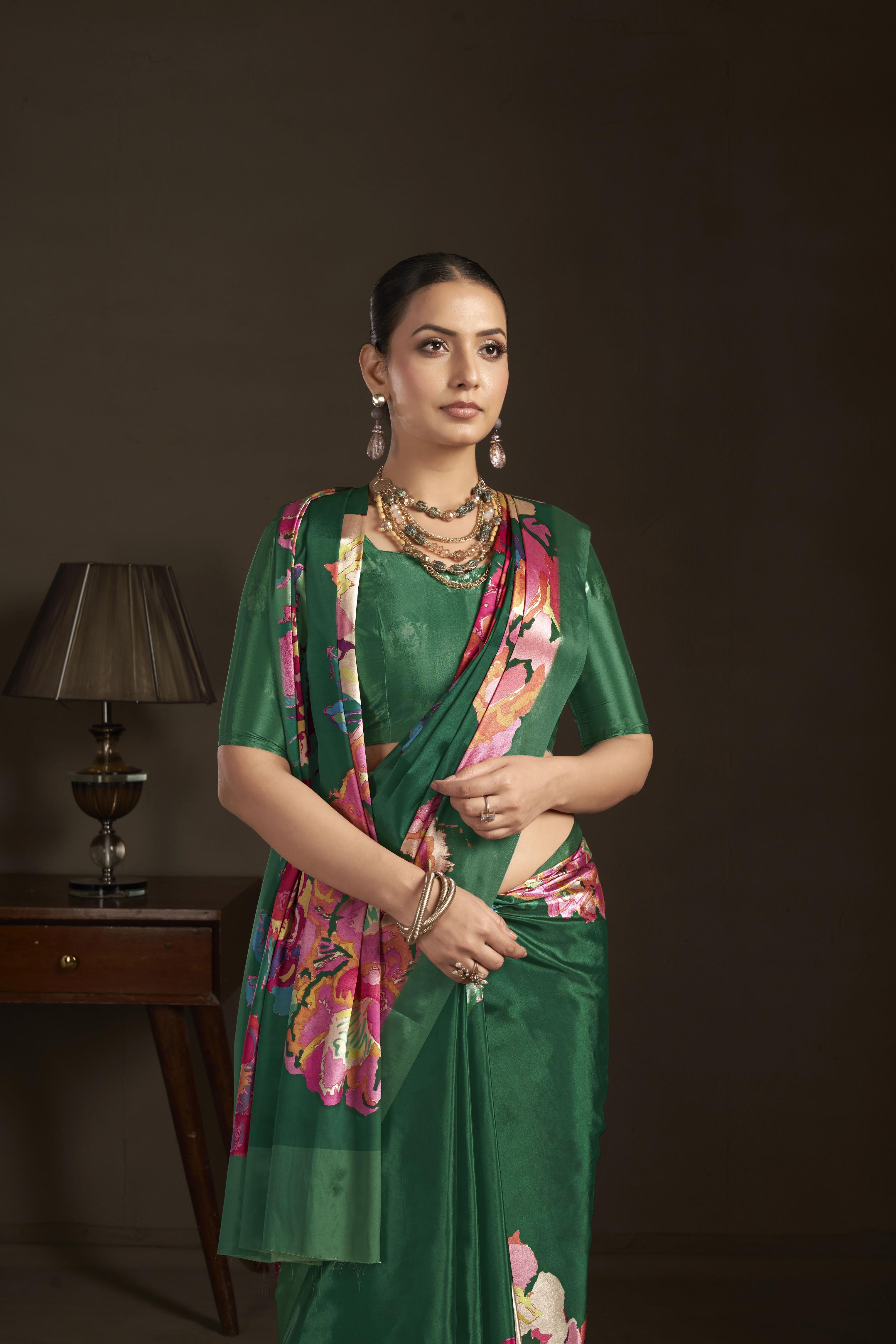 Green Digital Printed Silk Crepe Ready-to-Wear Saree