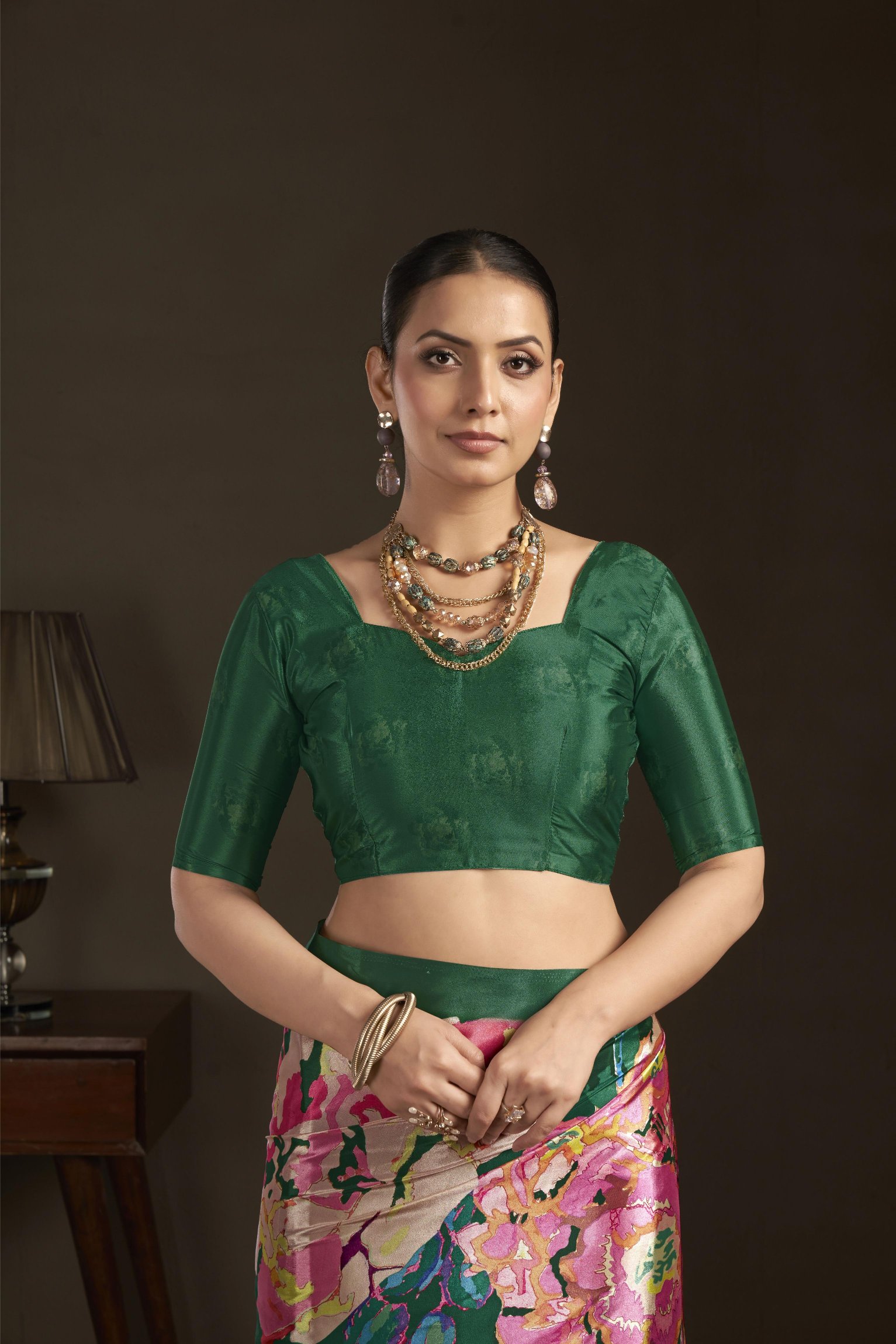 Green Digital Printed Silk Crepe Ready-to-Wear Saree