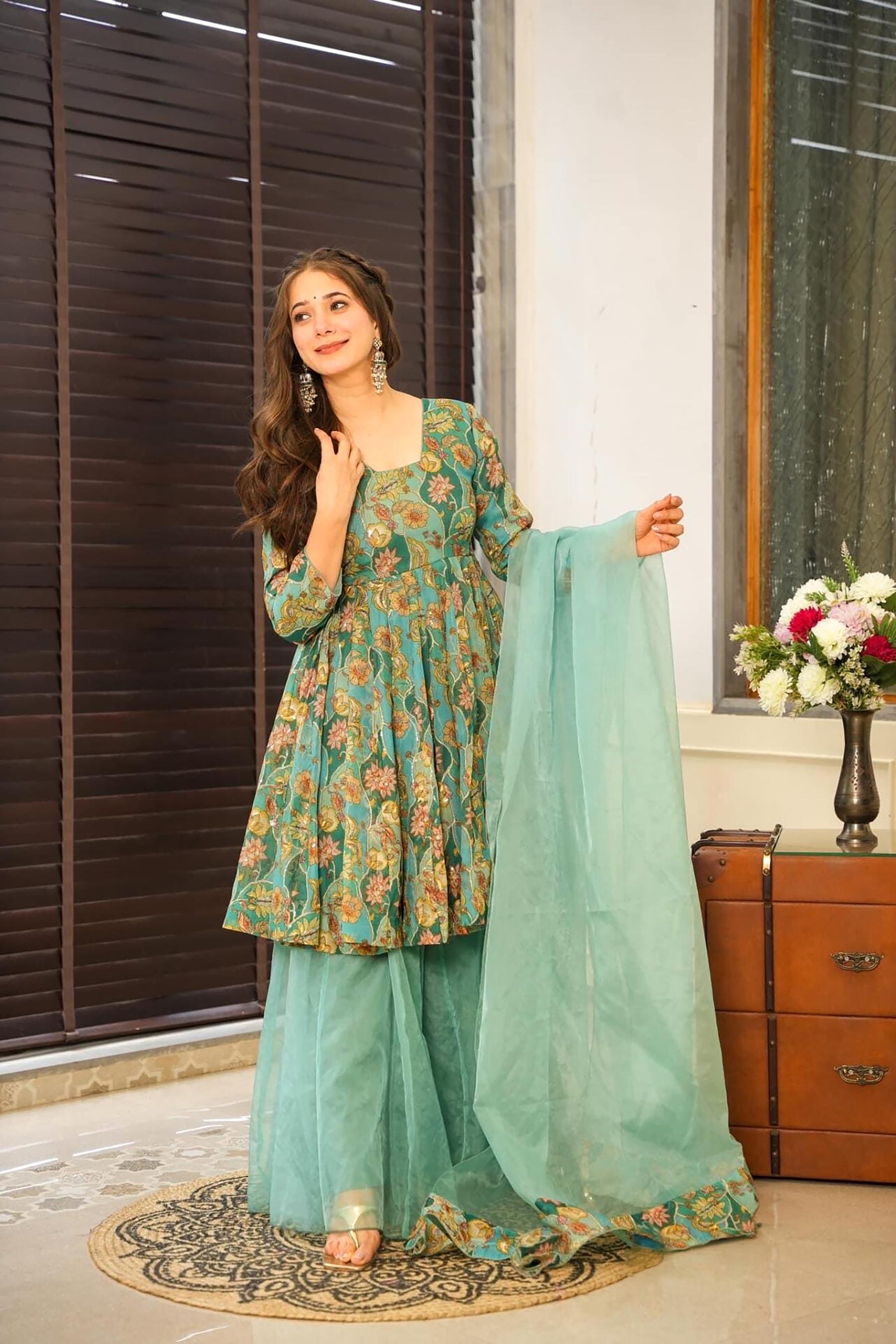 Green Digital Printed Silk Sharara Suit