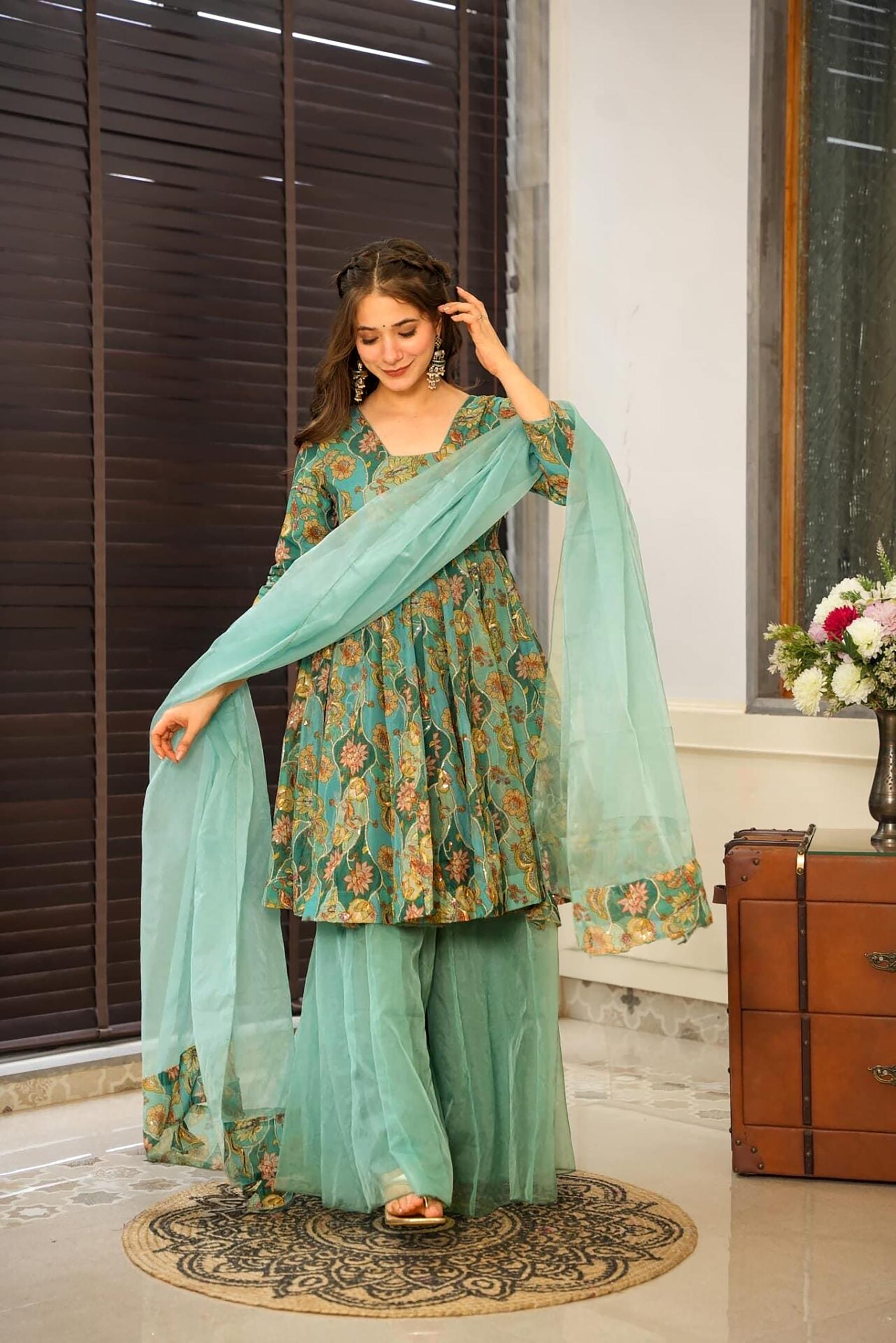 Green Digital Printed Silk Sharara Suit — alternate view