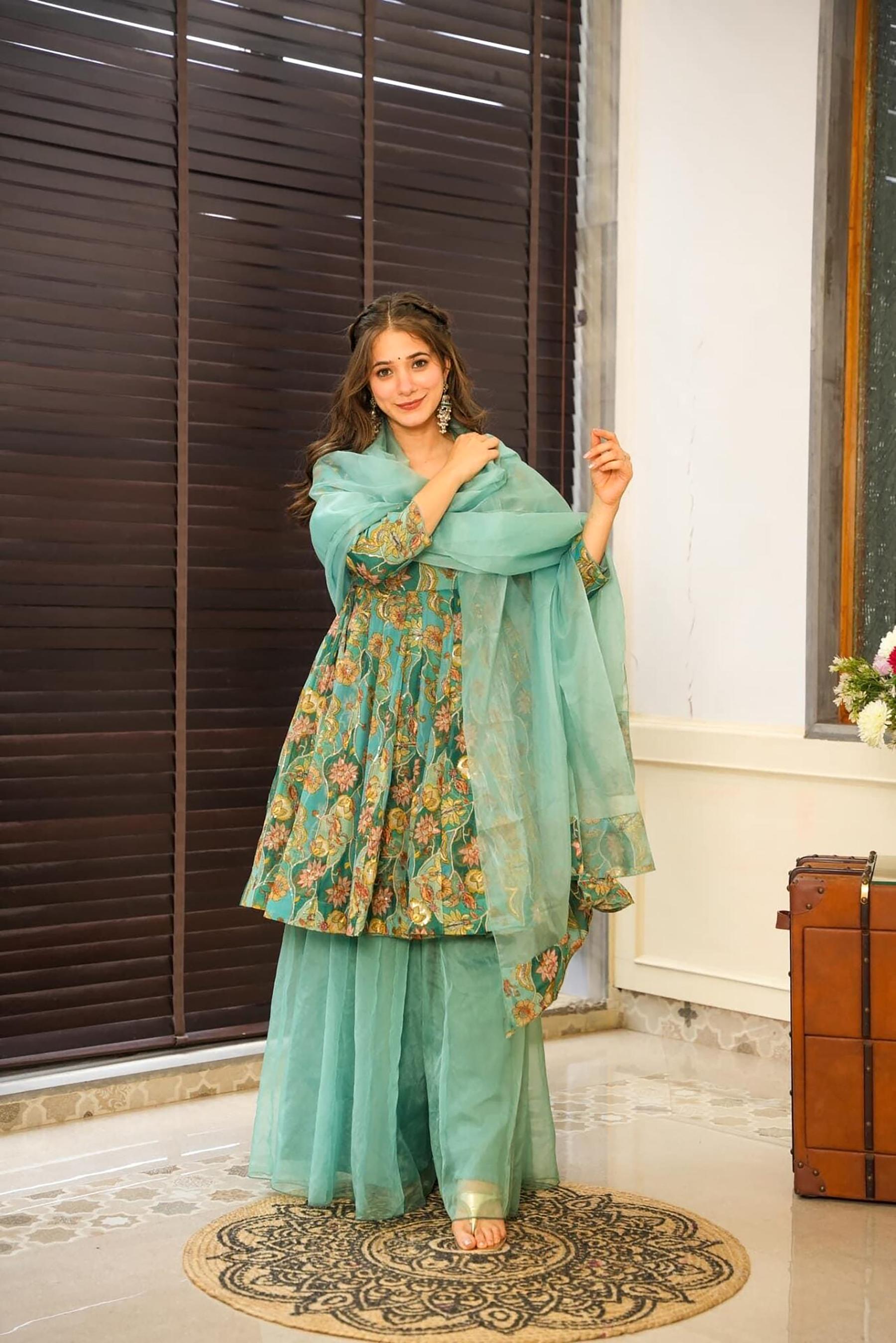 Green Digital Printed Silk Sharara Suit
