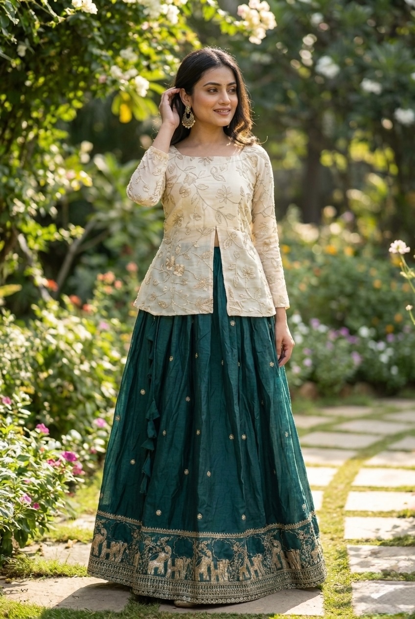 Green Elephant Border Zari Fendy Silk Lehenga Choli