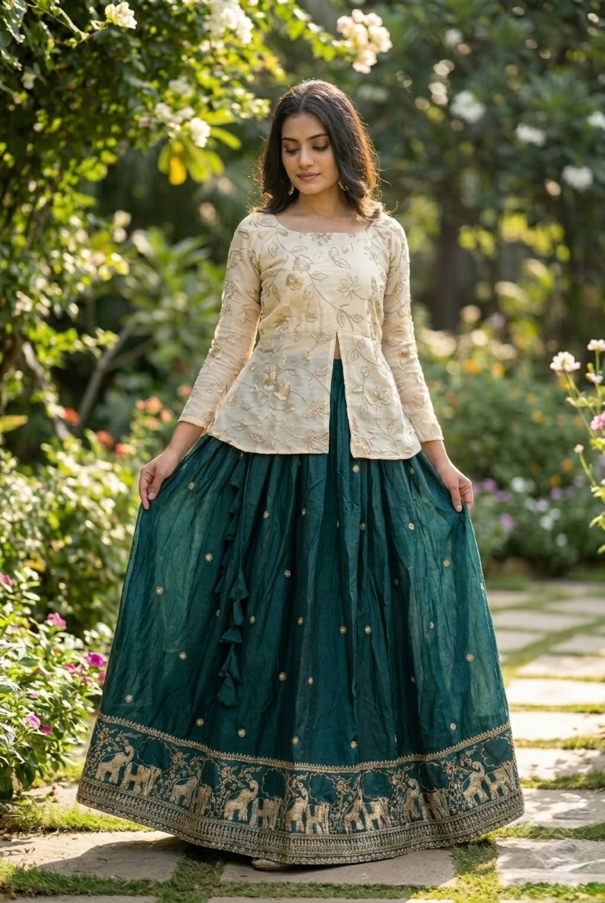 Green Elephant Border Zari Fendy Silk Lehenga Choli — alternate view
