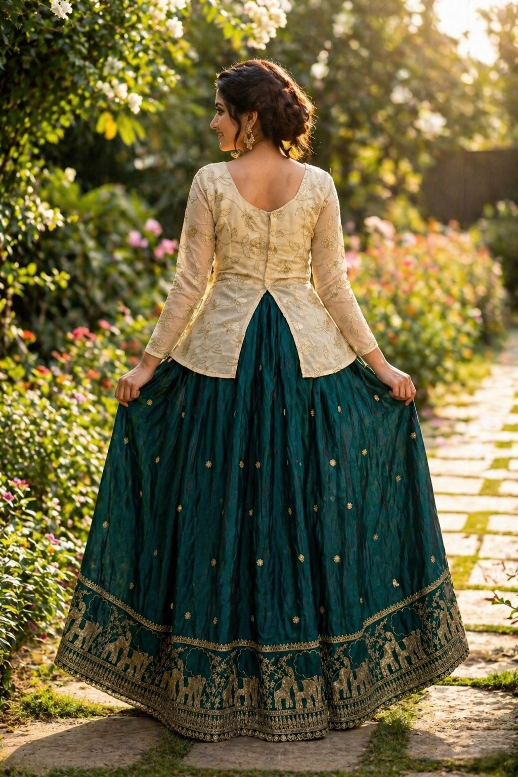 Green Elephant Border Zari Fendy Silk Lehenga Choli