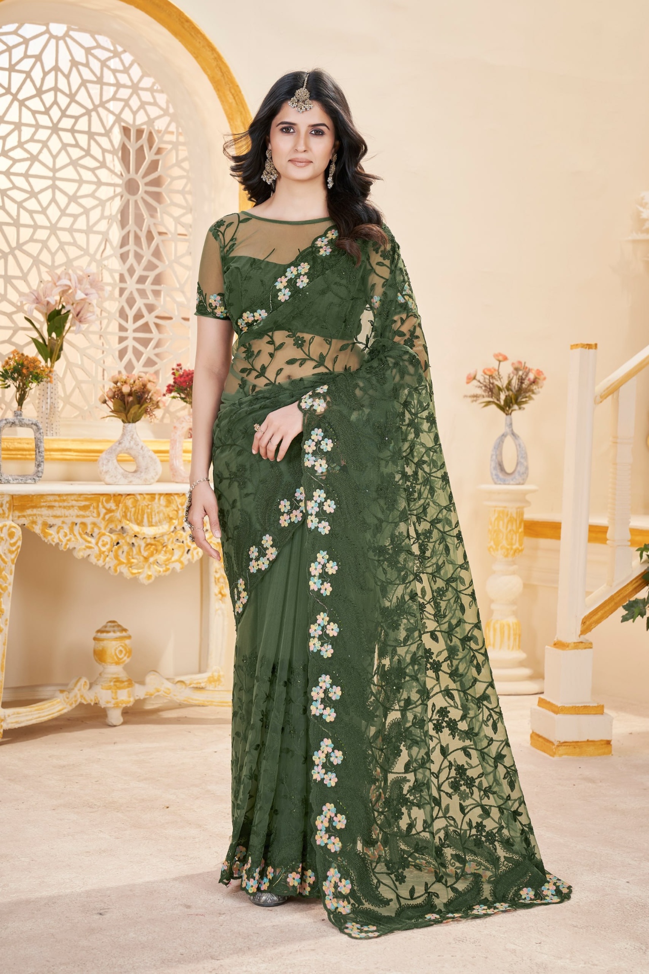 Green Embroidered Butterfly Net Saree
