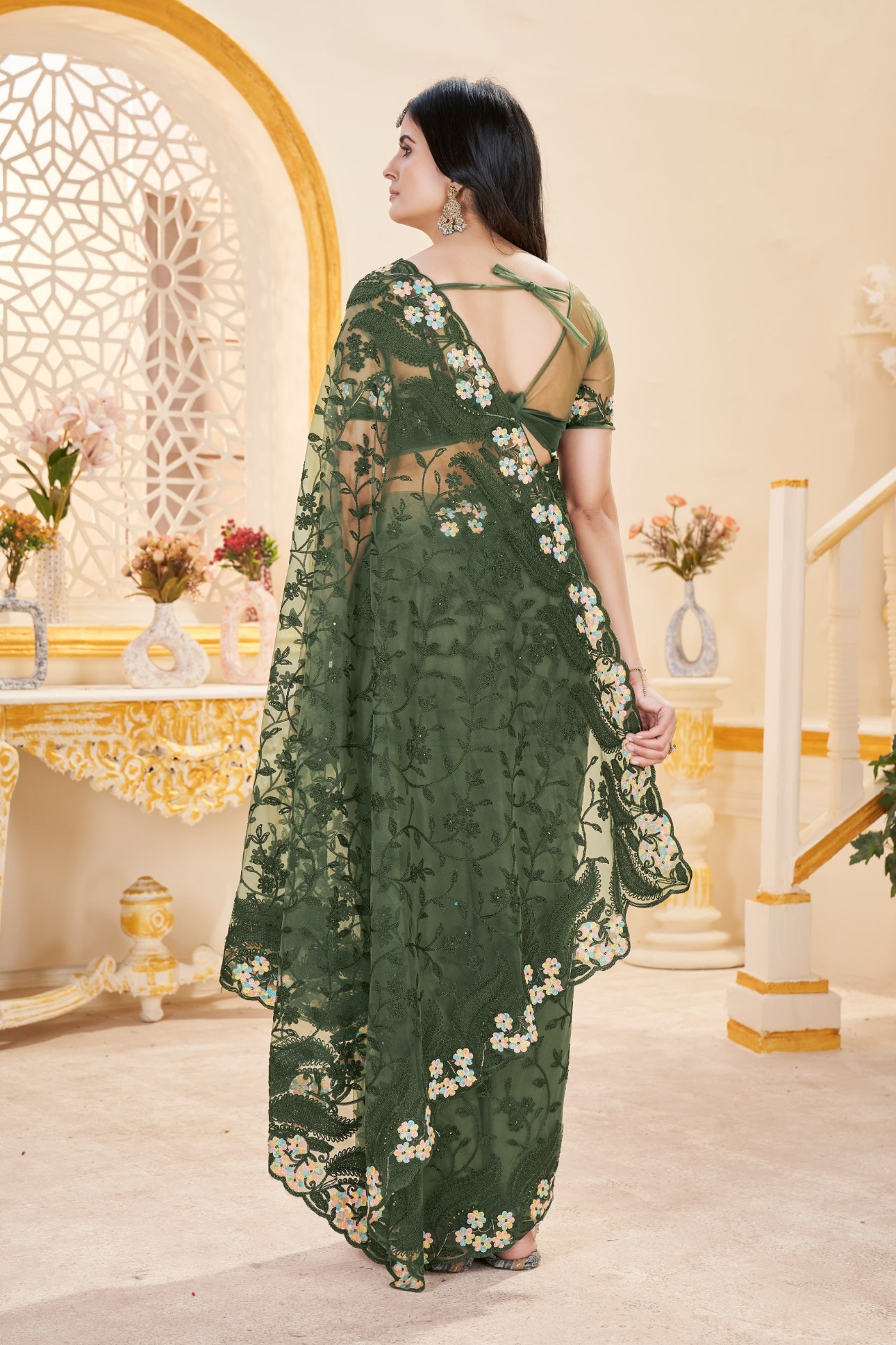 Green Embroidered Butterfly Net Saree — alternate view