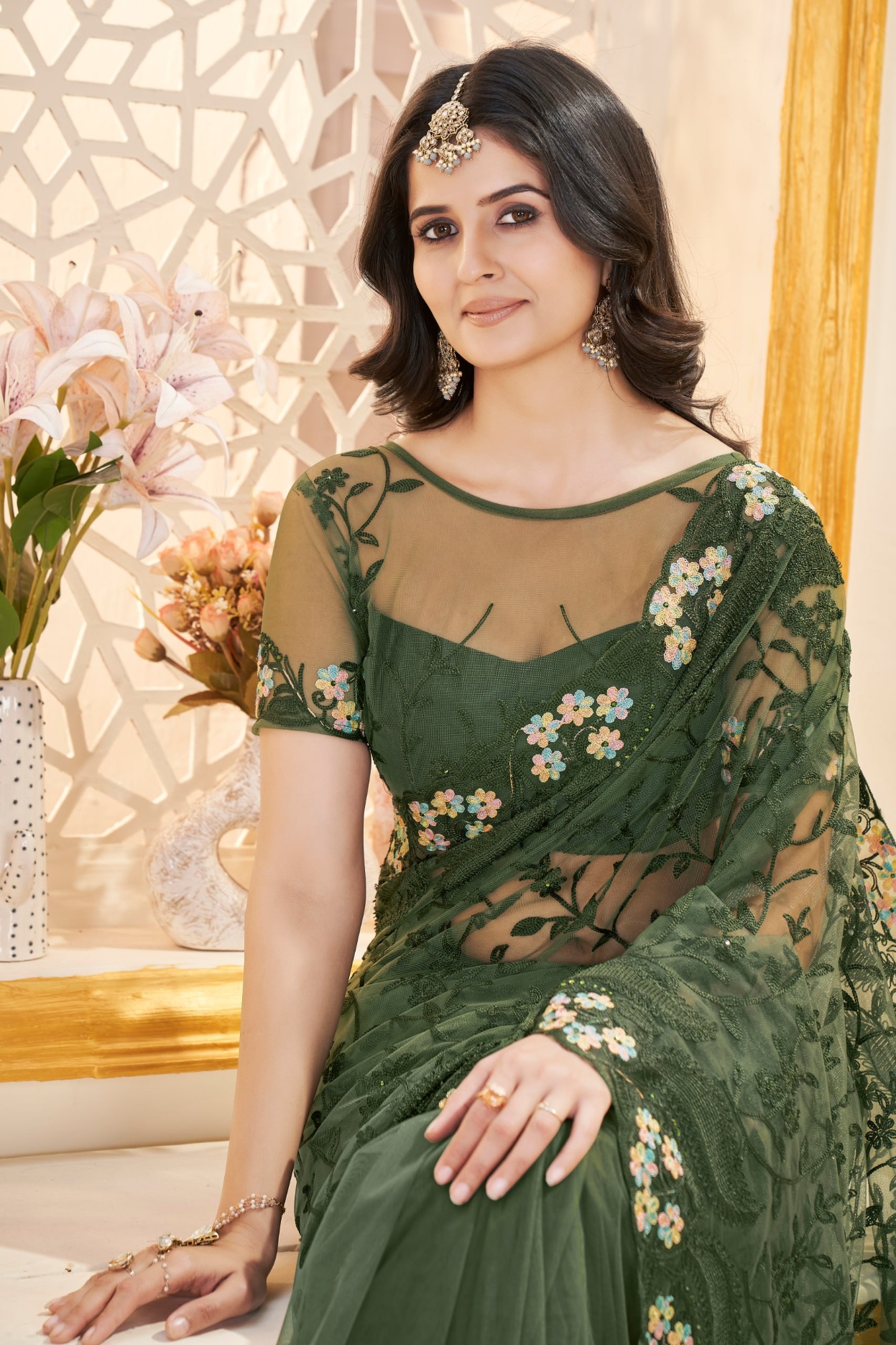 Green Embroidered Butterfly Net Saree