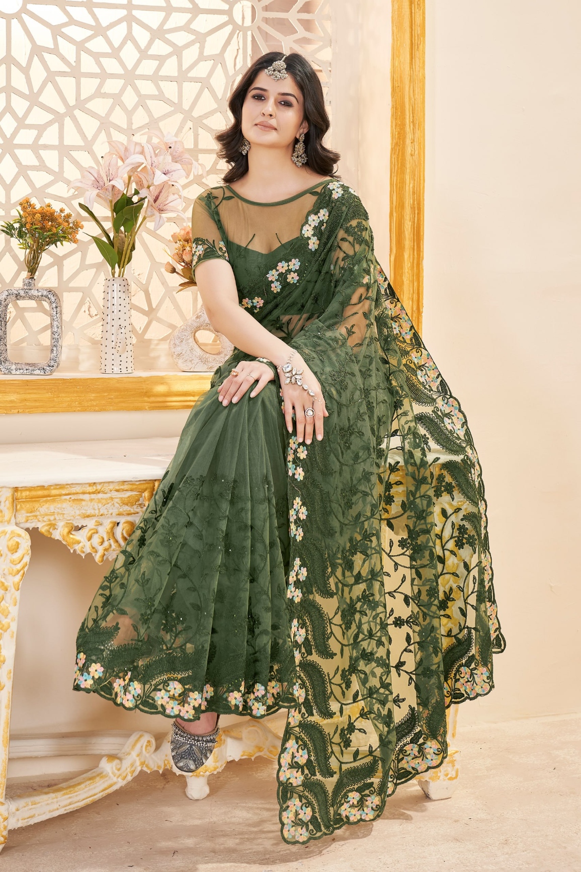 Green Embroidered Butterfly Net Saree