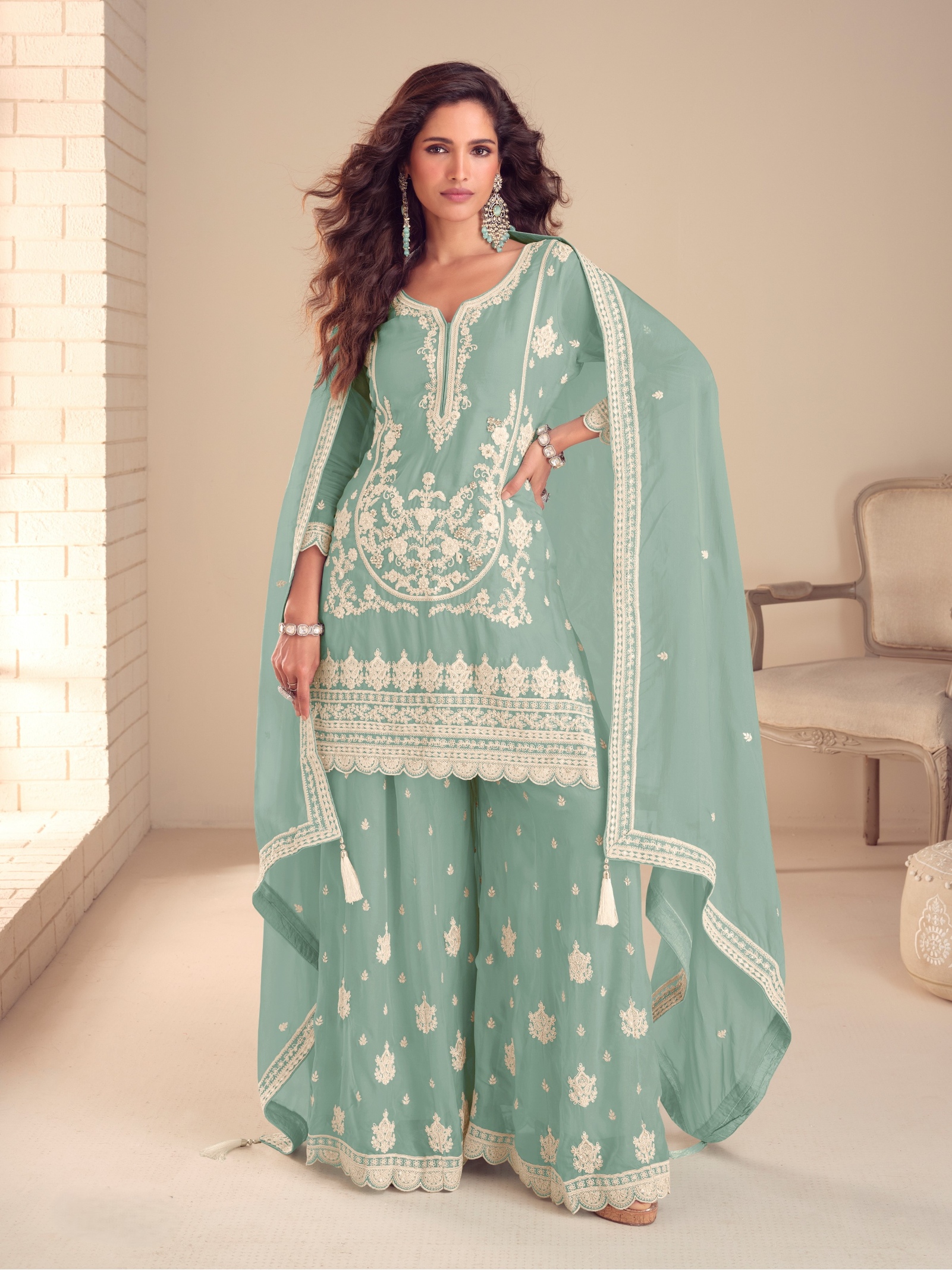 Green Embroidered Chinon Palazzo Suit
