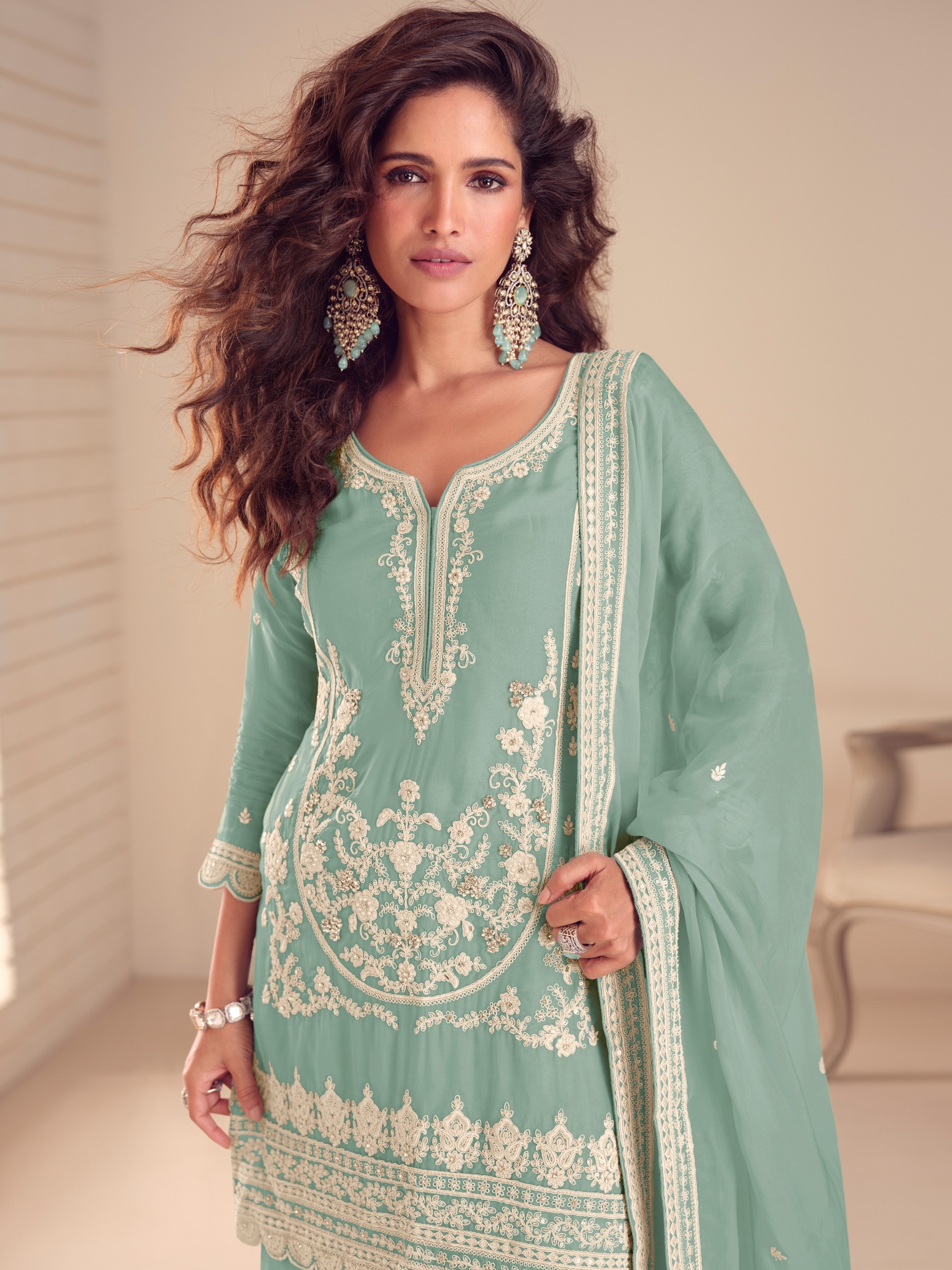 Green Embroidered Chinon Palazzo Suit