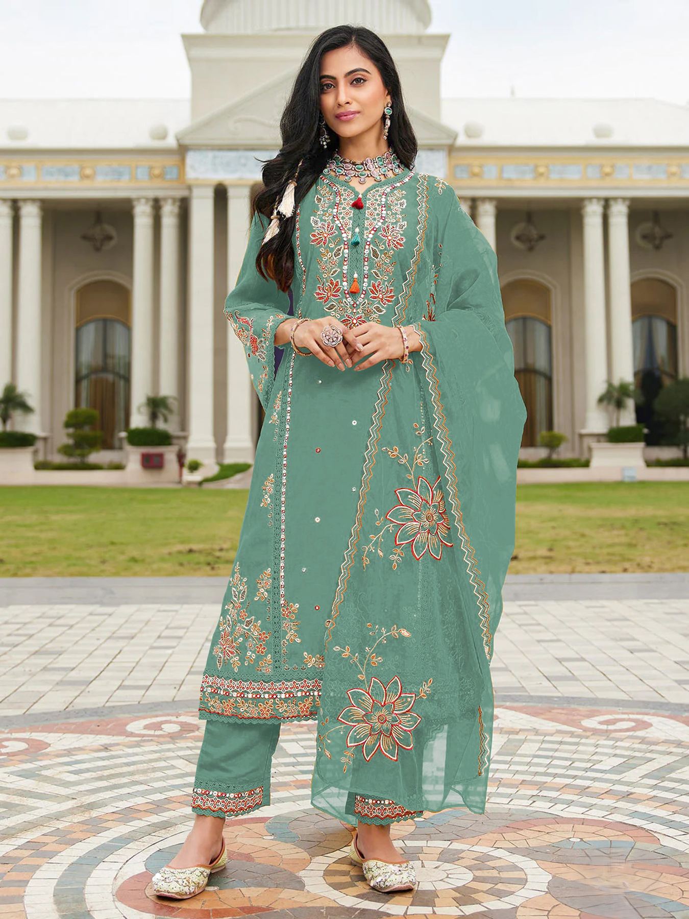 Green Embroidered Cotton Salwar Suit