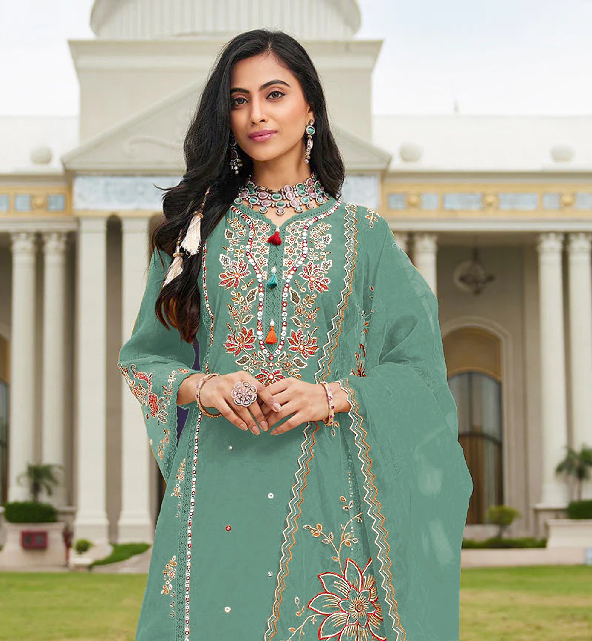 Green Embroidered Cotton Salwar Suit — alternate view