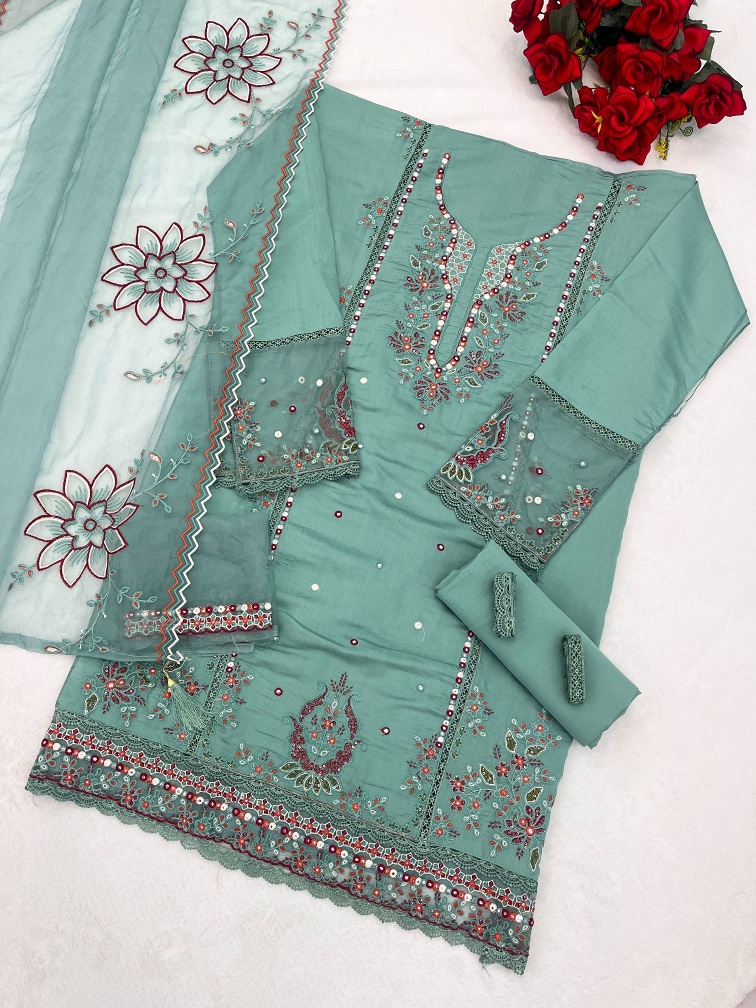 Green Embroidered Cotton Salwar Suit
