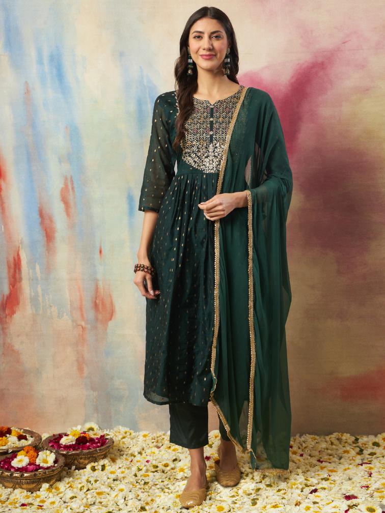 Green Embroidered Cotton Silk Readymade Suit