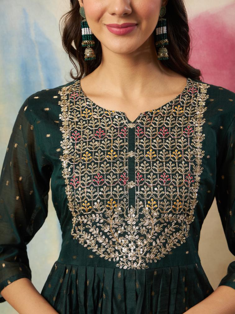 Green Embroidered Cotton Silk Readymade Suit