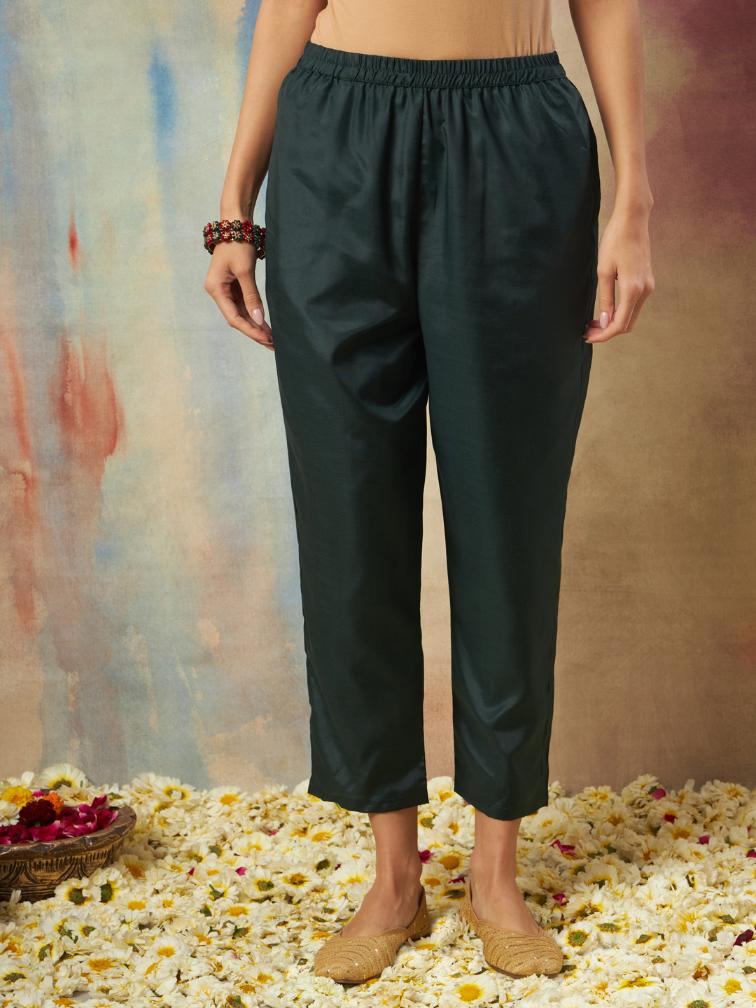Green Embroidered Cotton Silk Readymade Suit