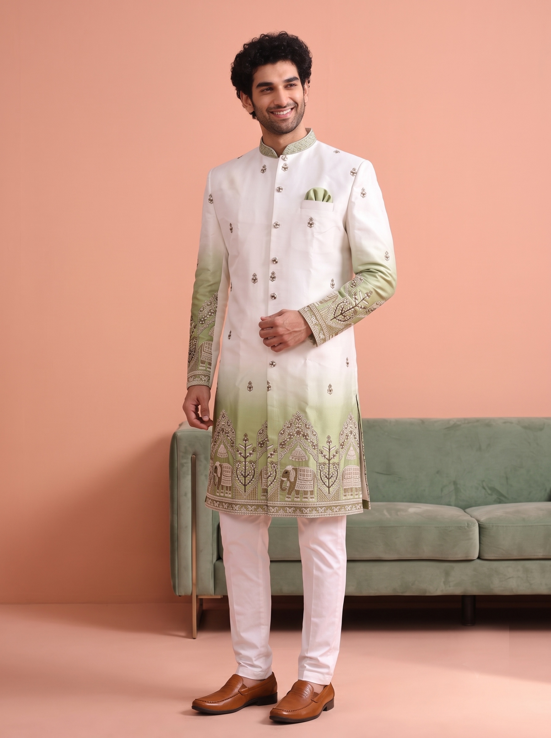 Green Embroidered Doniar Satin Indo-Western Sherwani