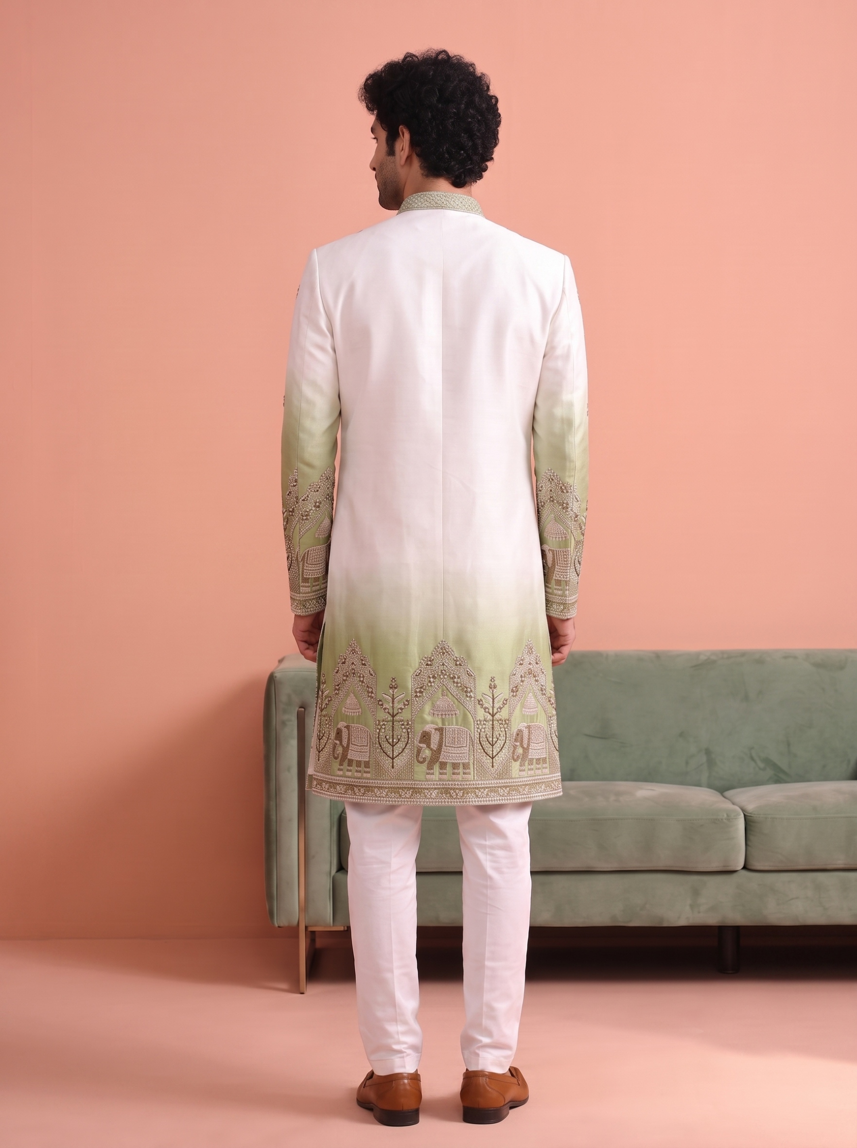 Green Embroidered Doniar Satin Indo-Western Sherwani — alternate view