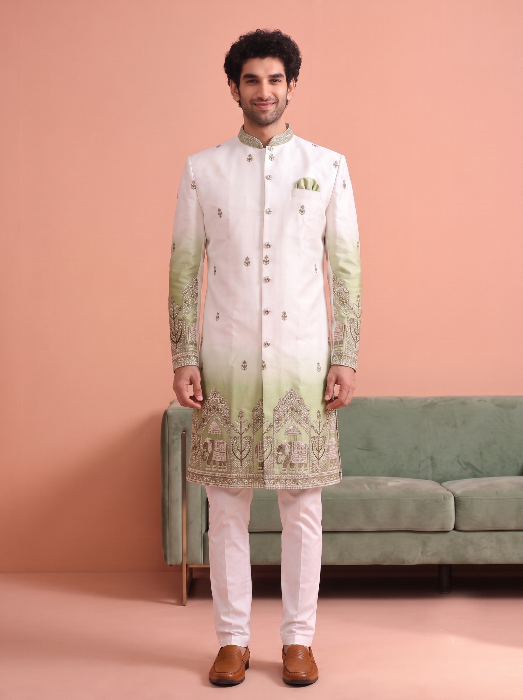 Green Embroidered Doniar Satin Indo-Western Sherwani