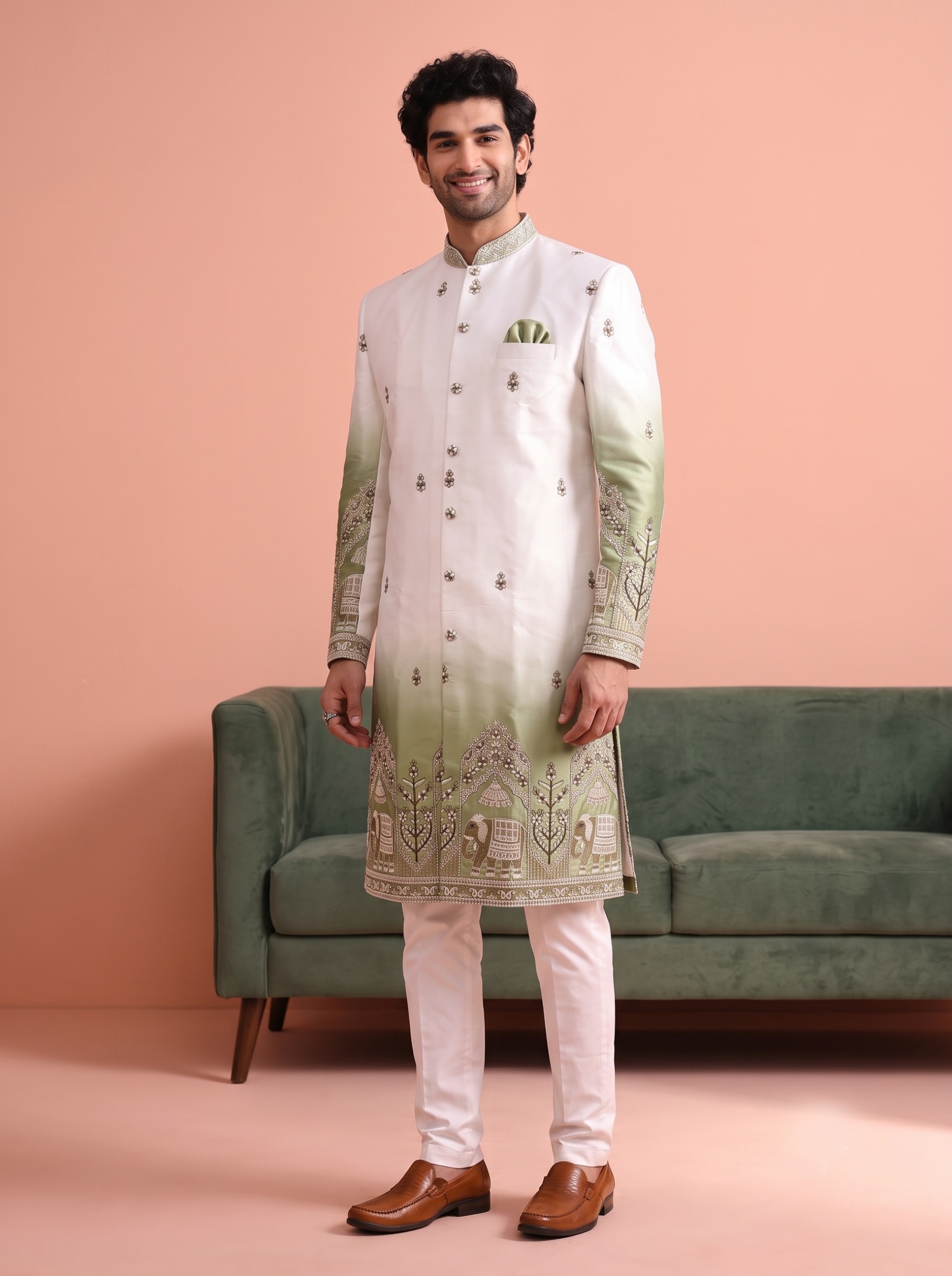 Green Embroidered Doniar Satin Indo-Western Sherwani