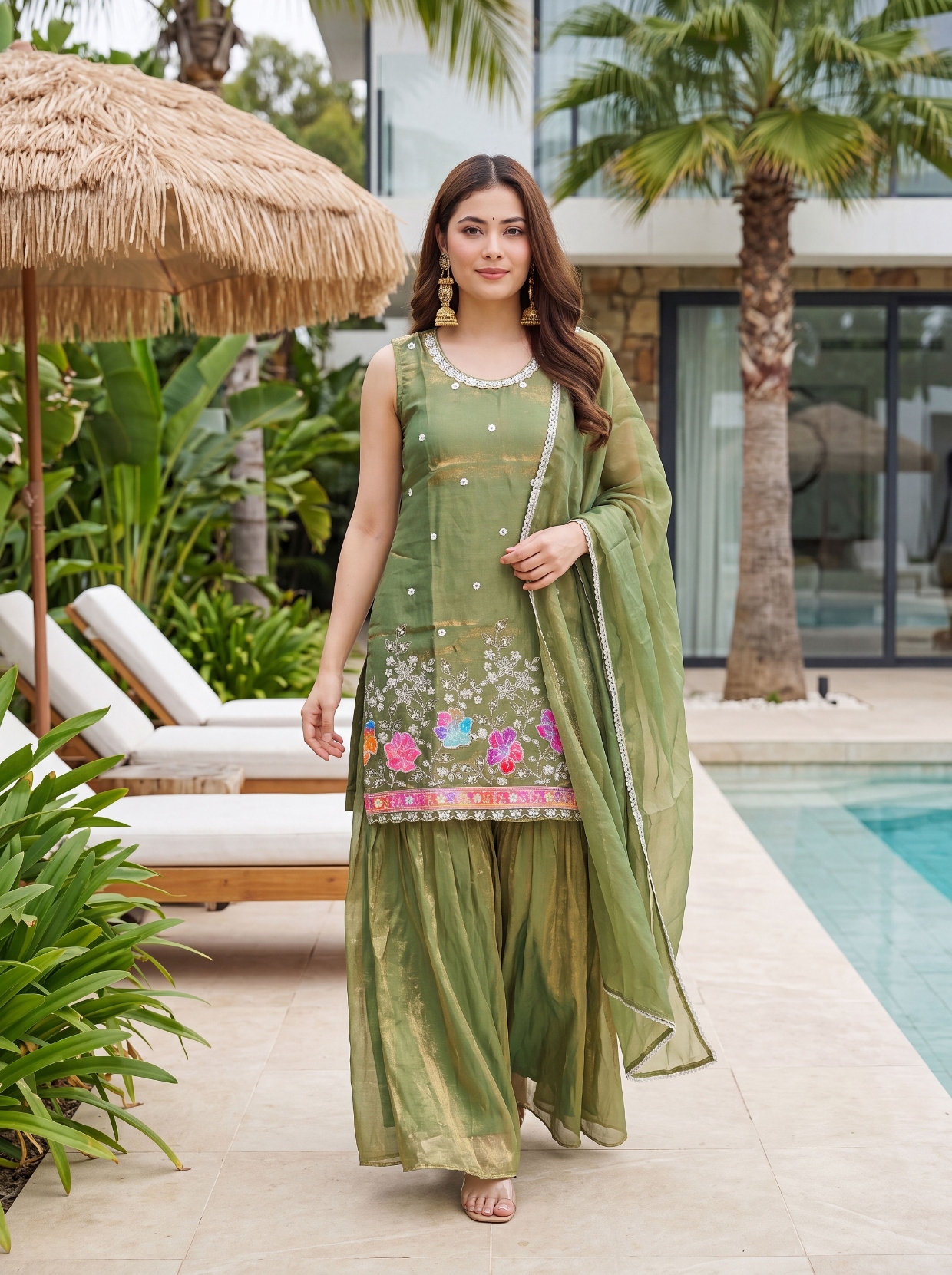 Green Embroidered Fendy Silk Palazzo Suit