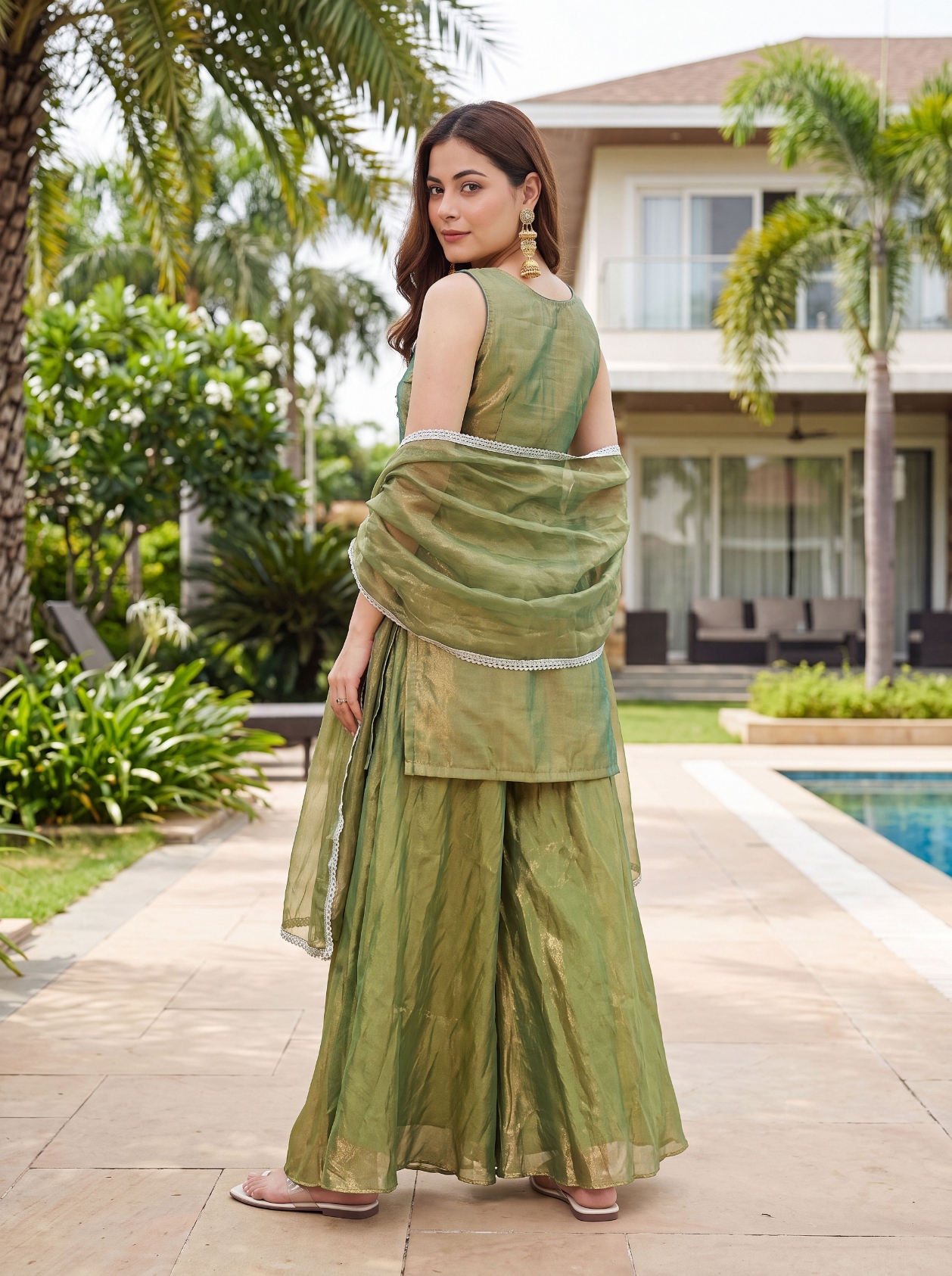 Green Embroidered Fendy Silk Palazzo Suit — alternate view
