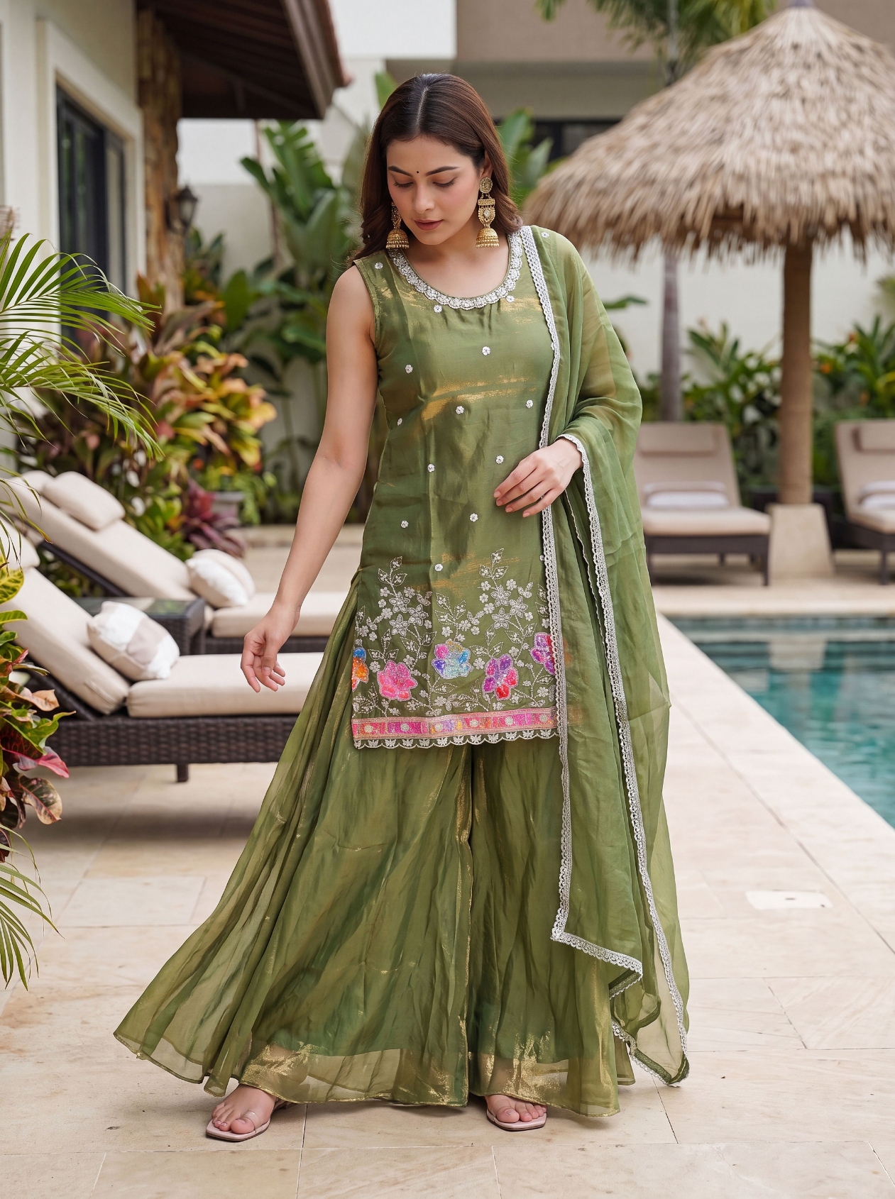Green Embroidered Fendy Silk Palazzo Suit