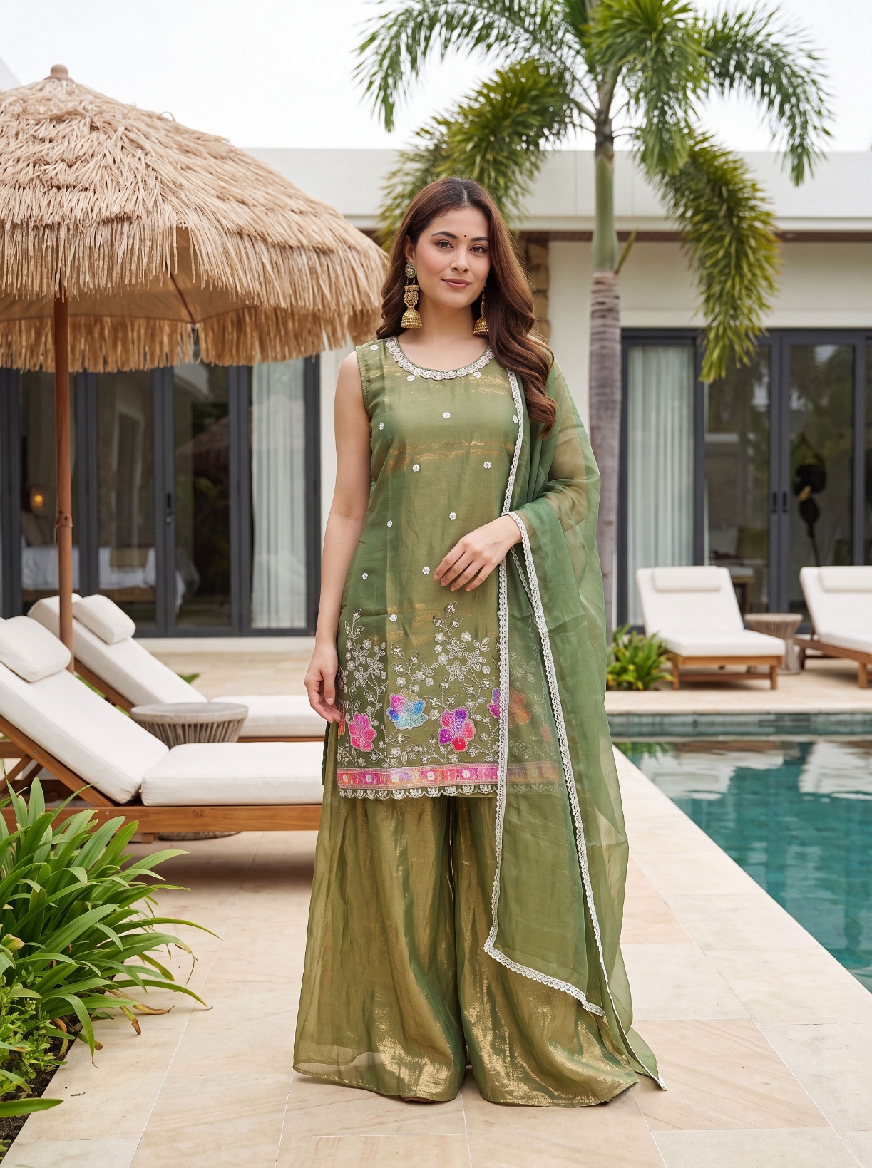 Green Embroidered Fendy Silk Palazzo Suit