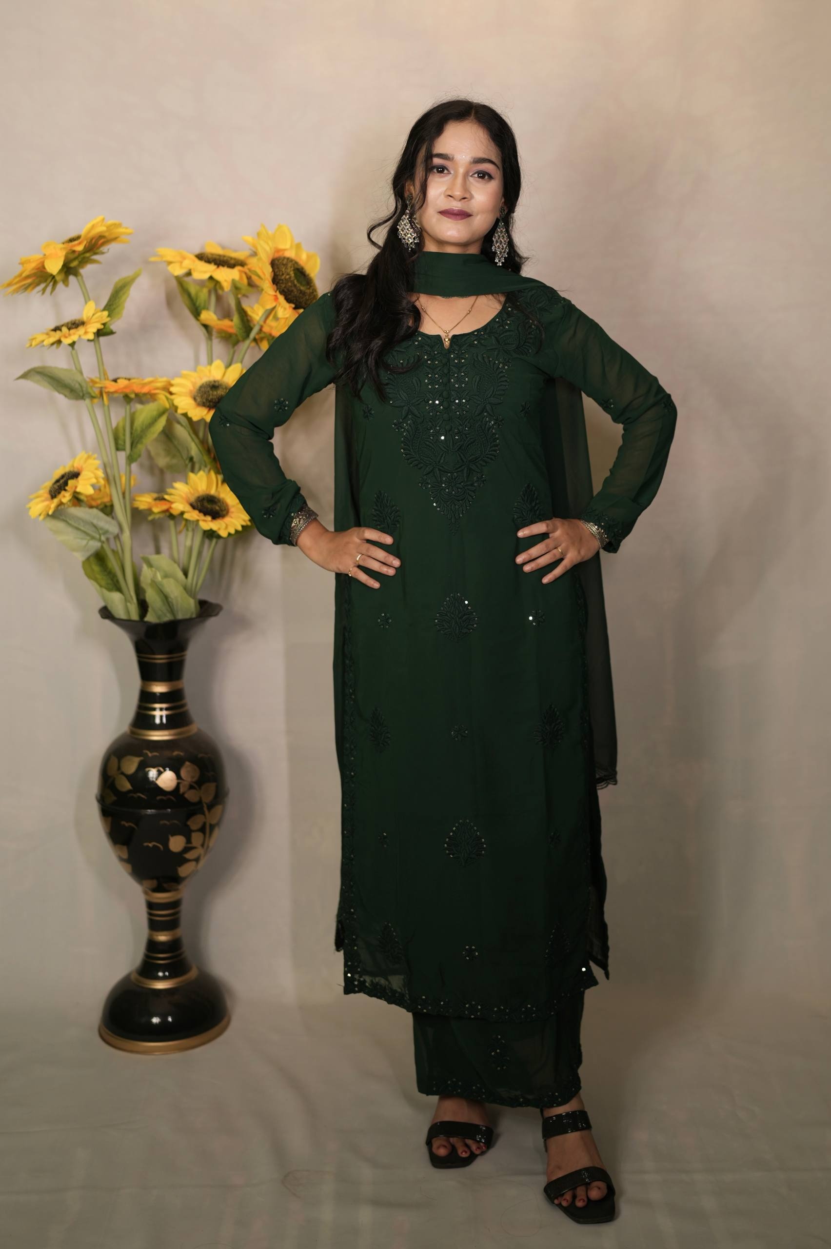 Green Embroidered Fox Blooming Georgette Straight Suit