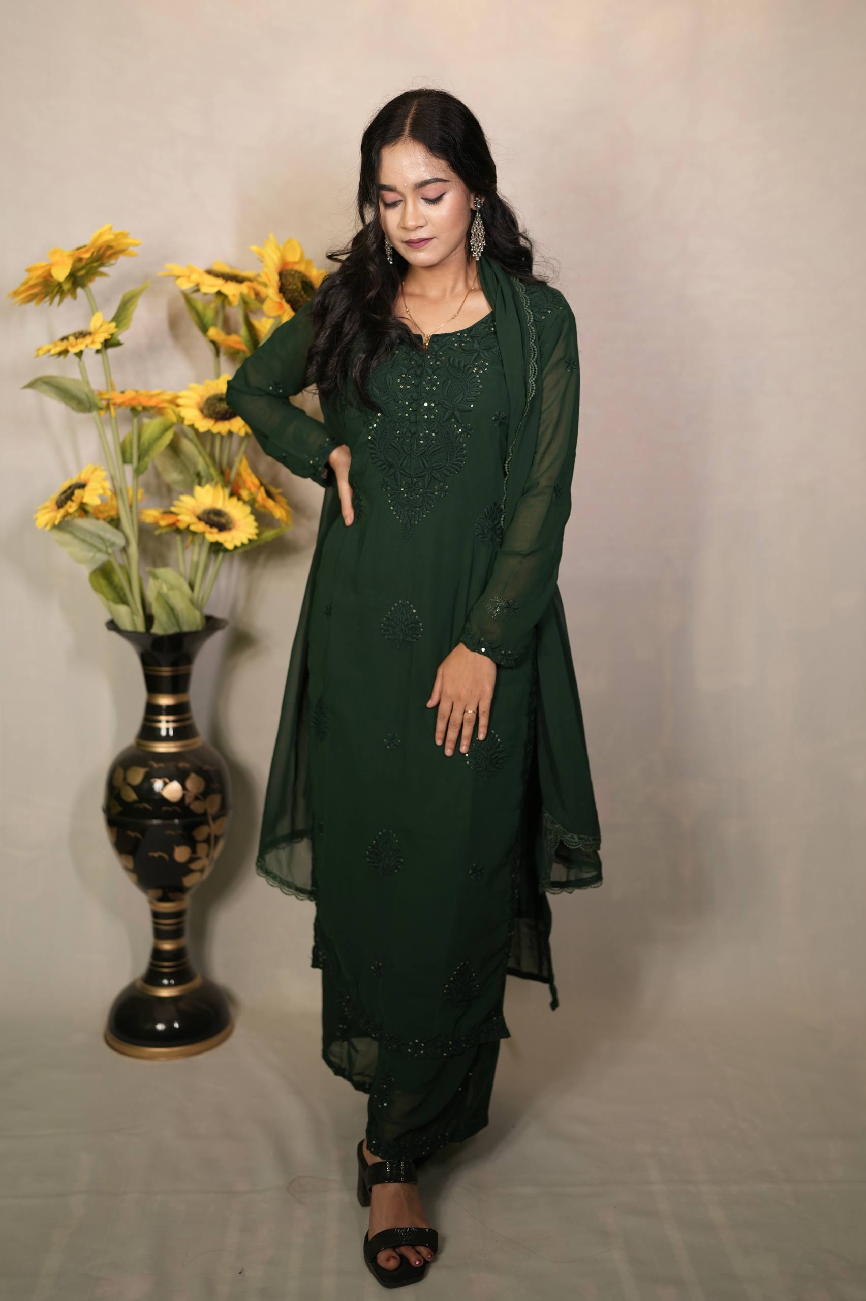 Green Embroidered Fox Blooming Georgette Straight Suit