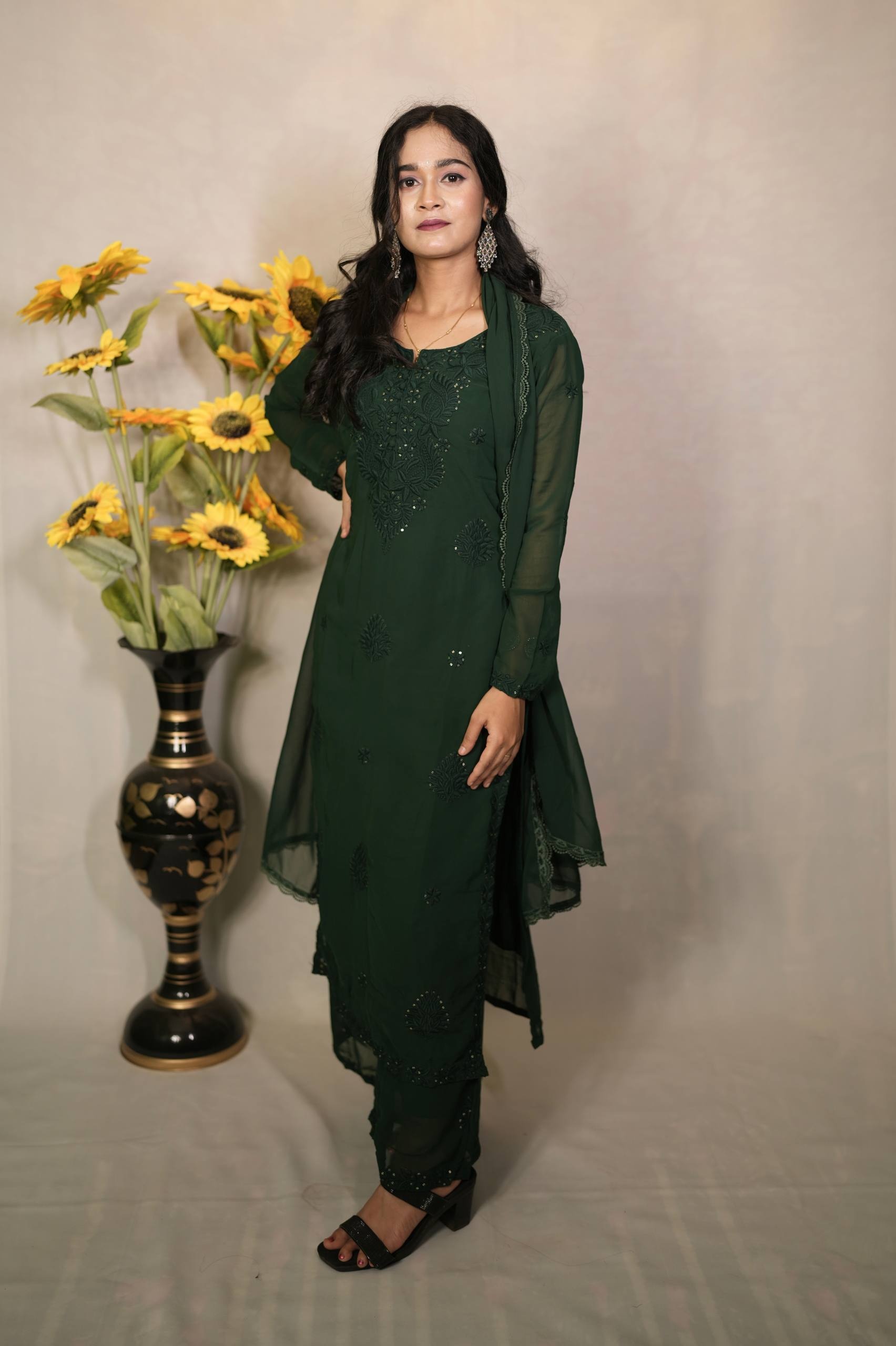 Green Embroidered Fox Blooming Georgette Straight Suit