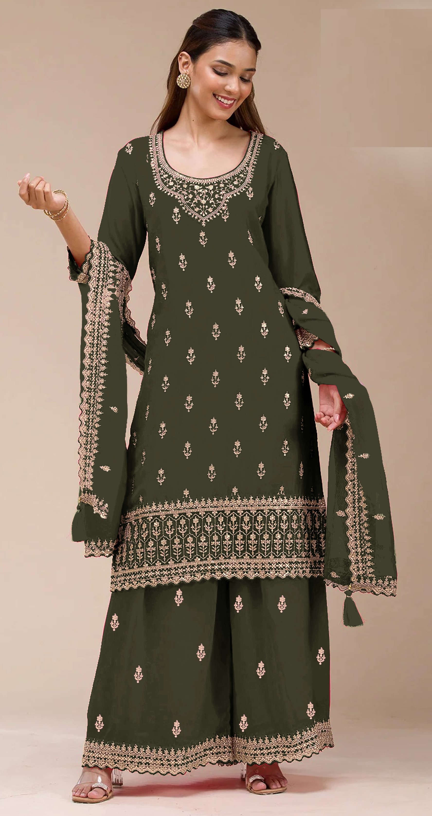 Green Embroidered Georgette Palazzo Suit