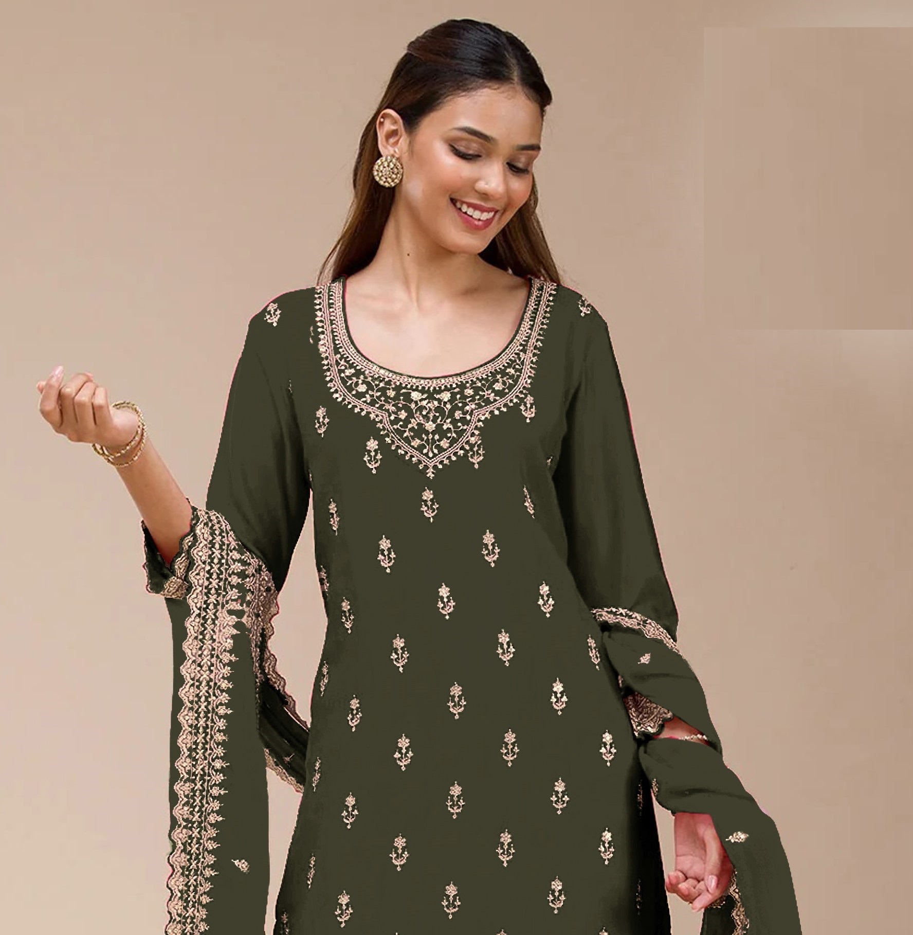 Green Embroidered Georgette Palazzo Suit — alternate view