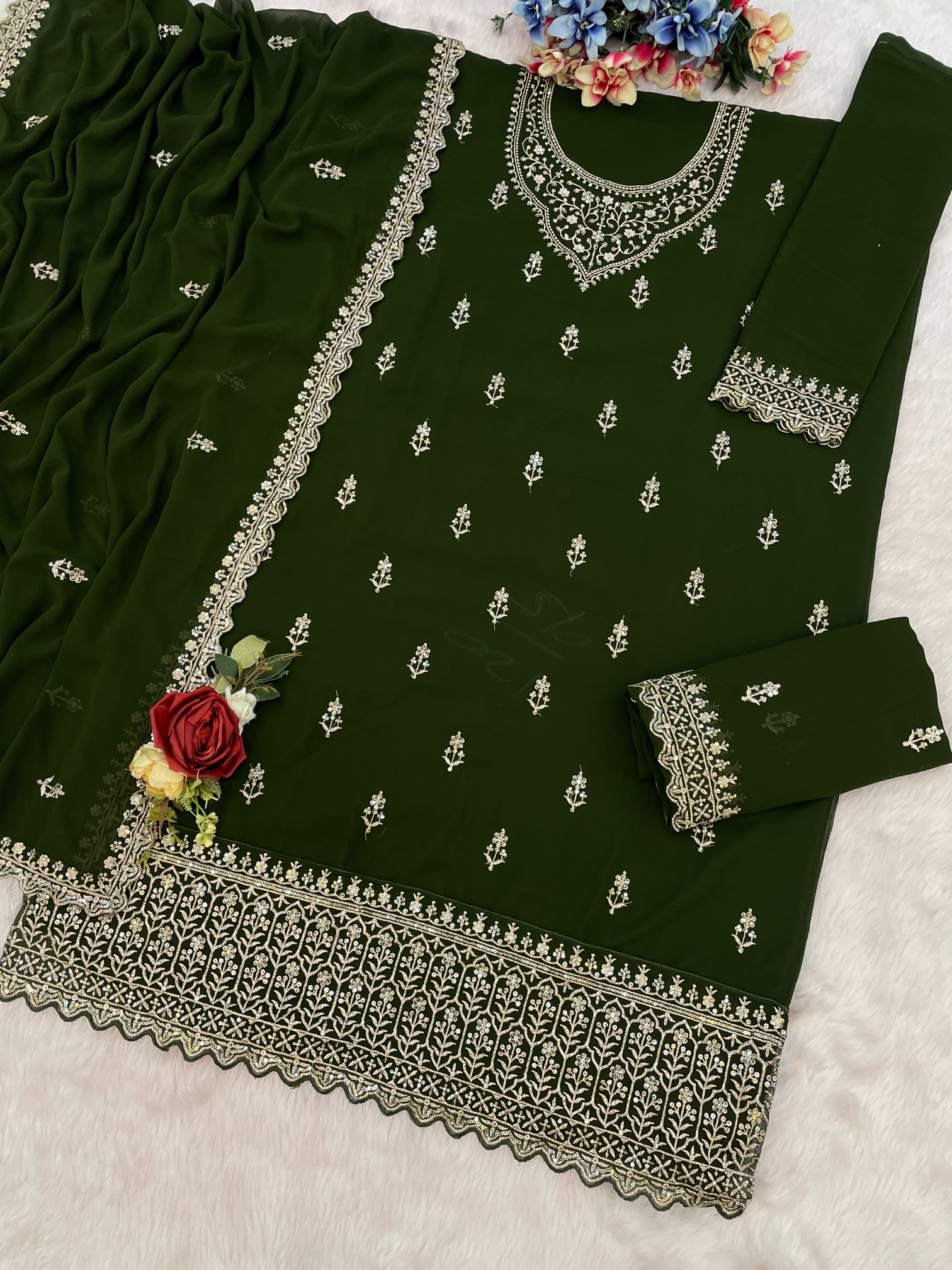 Green Embroidered Georgette Palazzo Suit