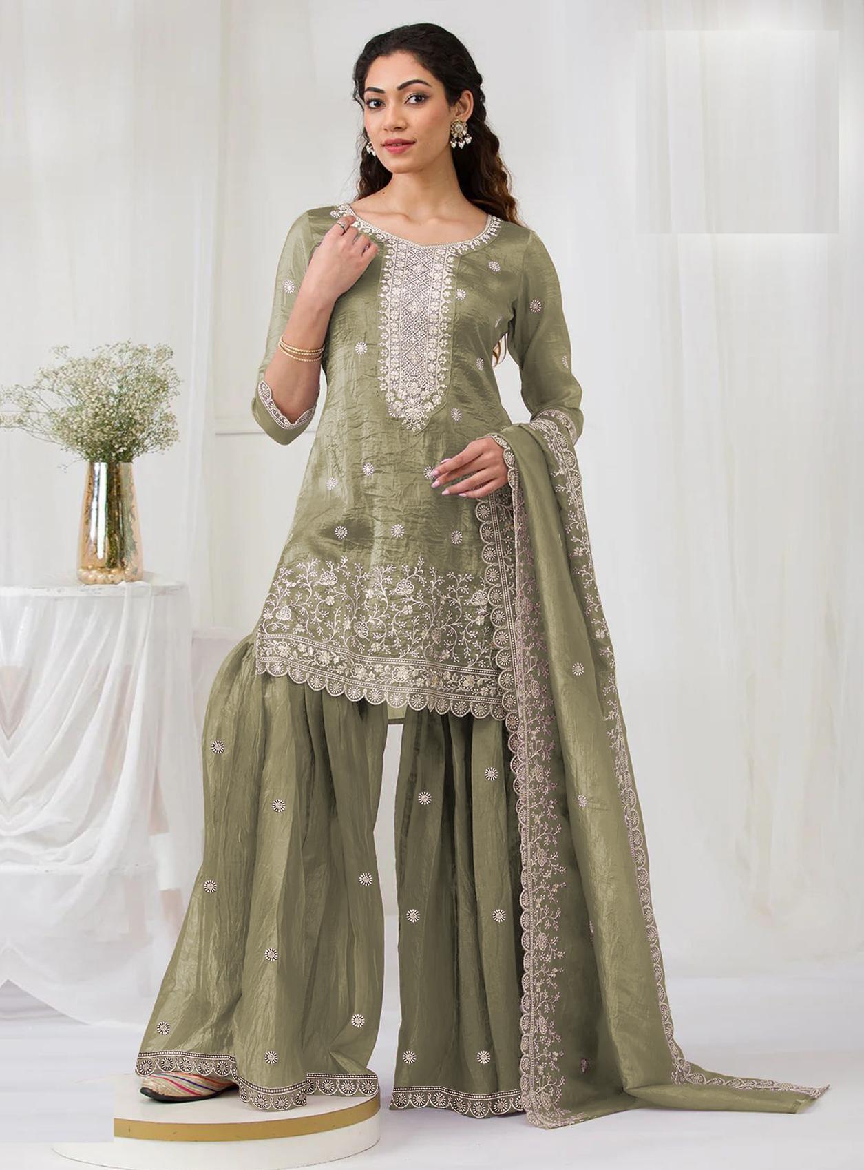 Green Embroidered Gold Crush Palazzo Suit