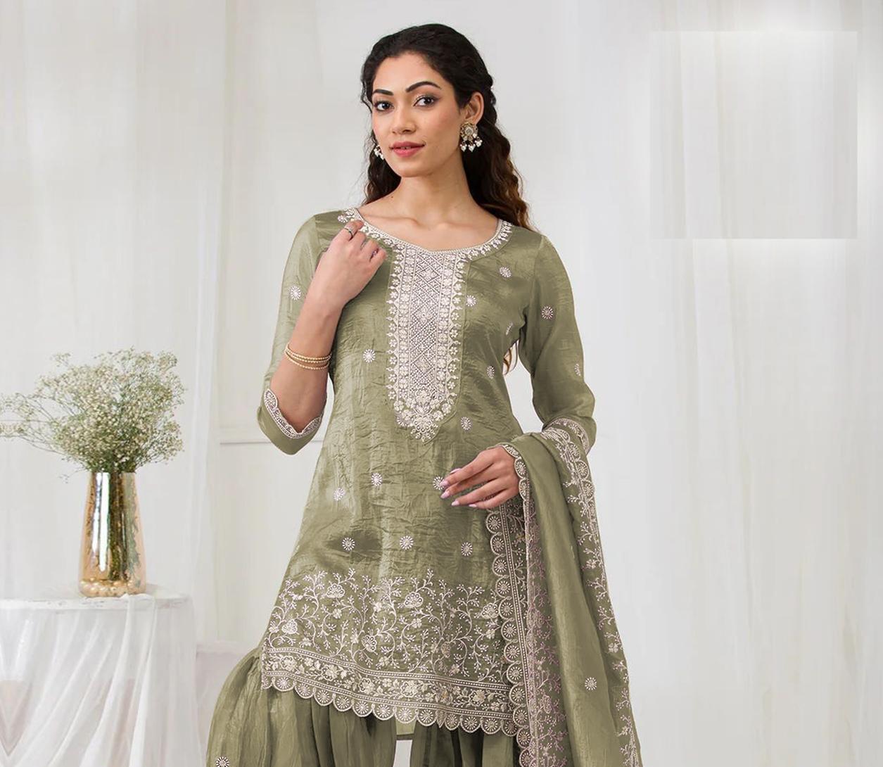 Green Embroidered Gold Crush Palazzo Suit — alternate view