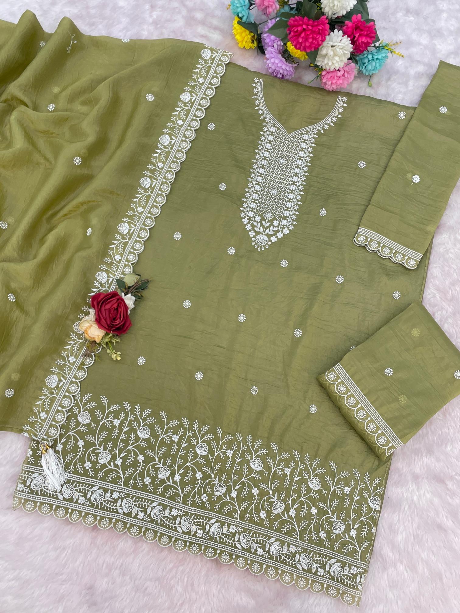 Green Embroidered Gold Crush Palazzo Suit