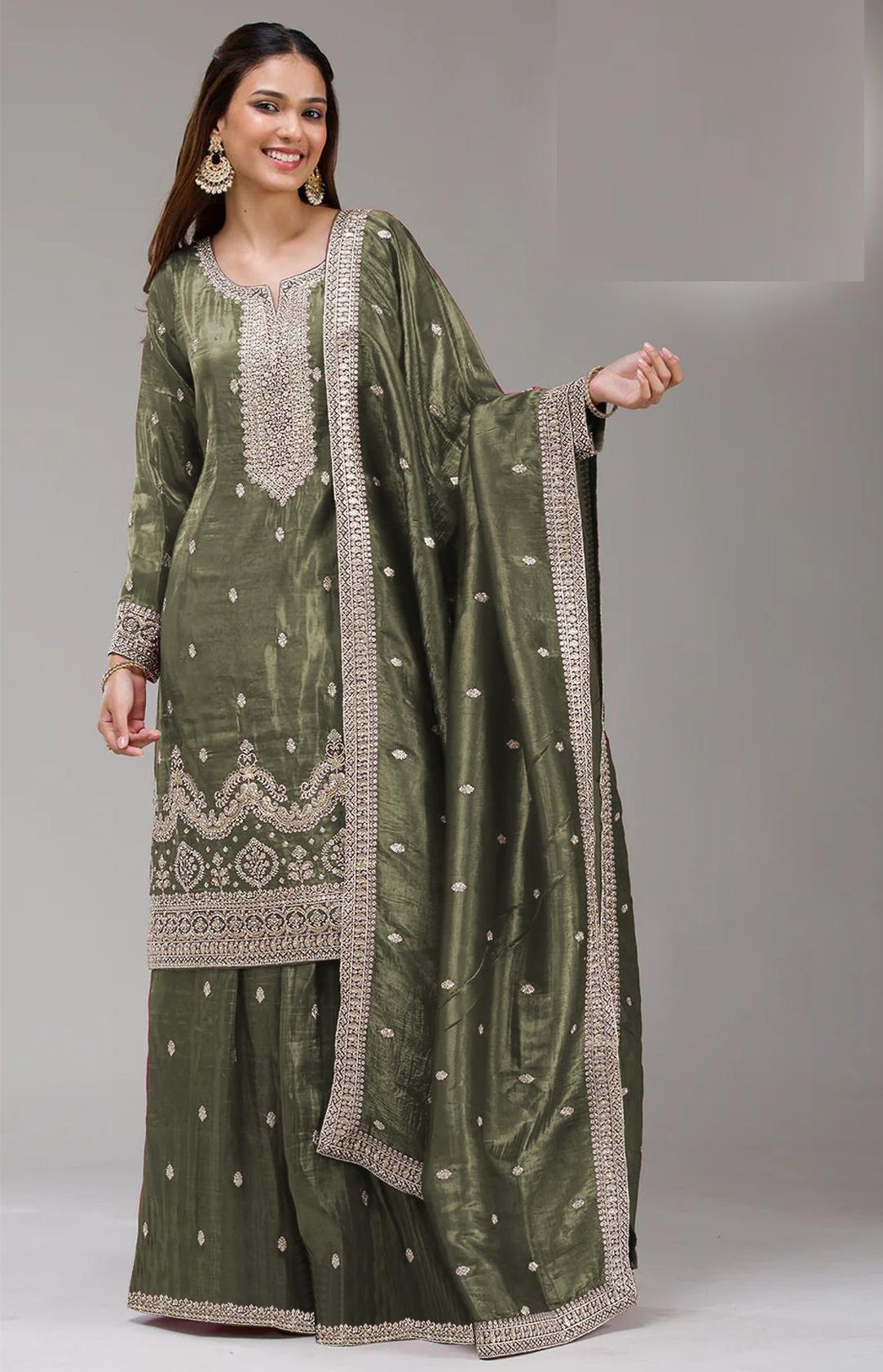 Green Embroidered Gold Crush Palazzo Suit