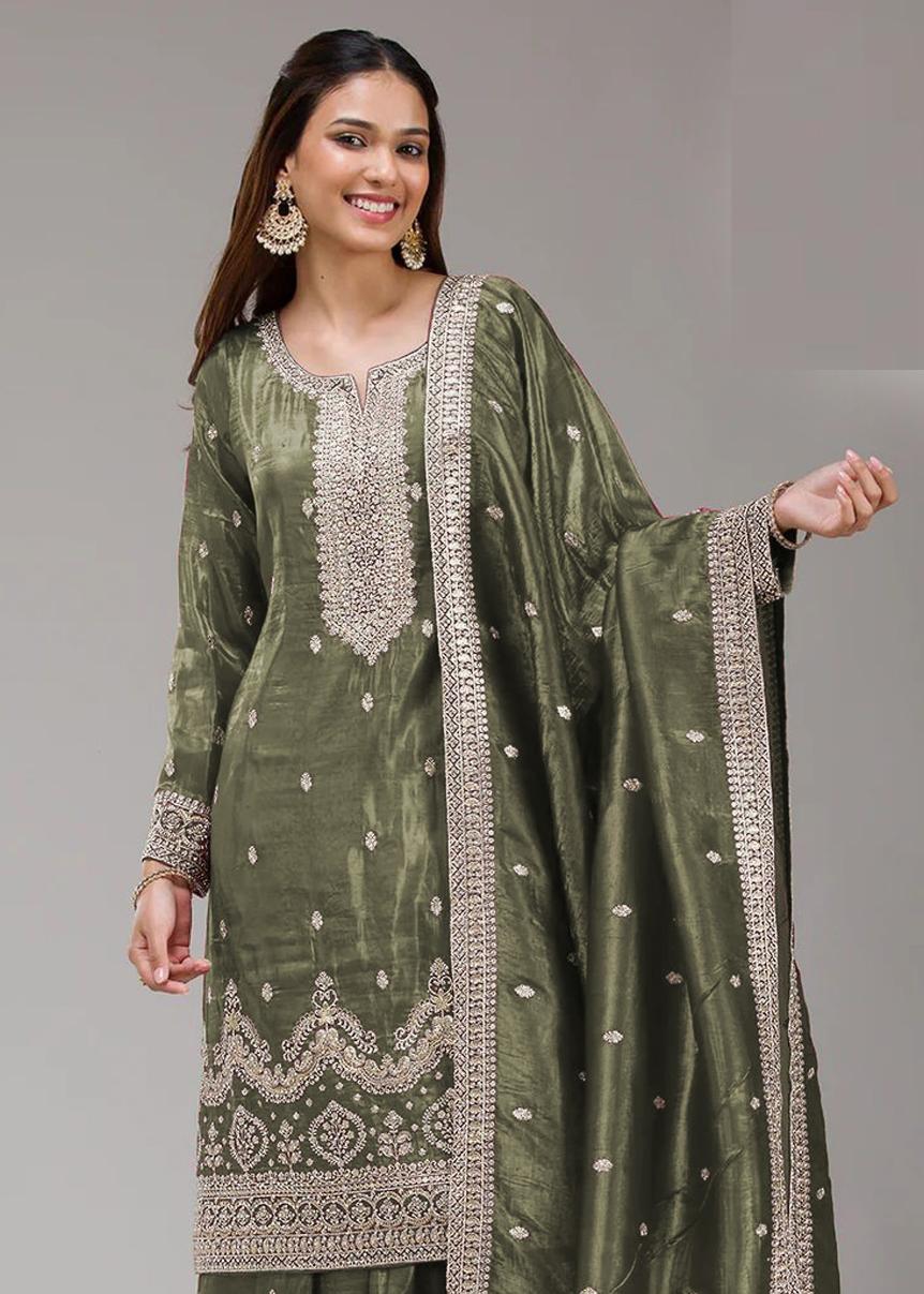 Green Embroidered Gold Crush Palazzo Suit — alternate view